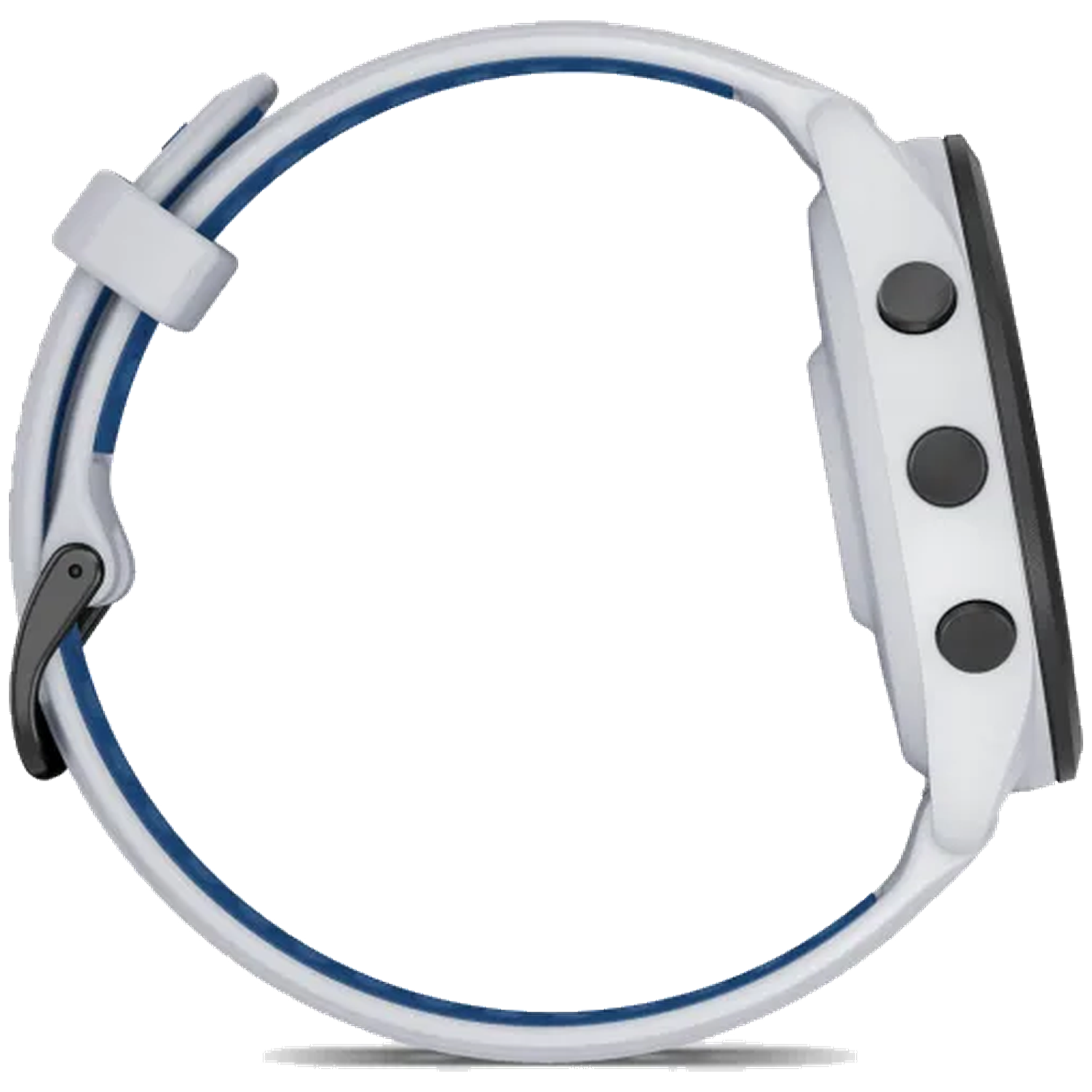 Wit smartwatch met blauwe strepen en drie zwarte knoppen.