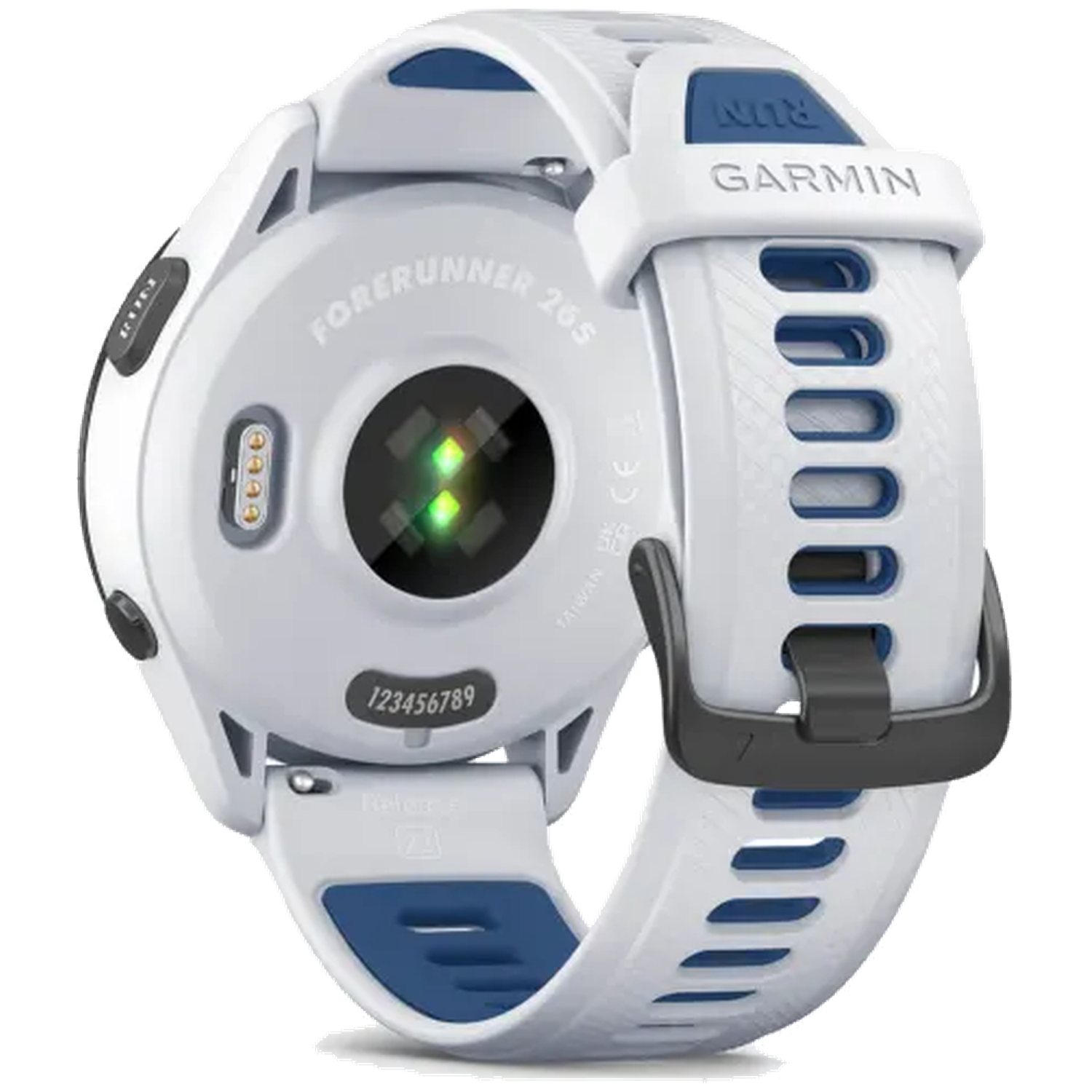 Witte Garmin smartwatch met blauwe band en hartslagmeter.