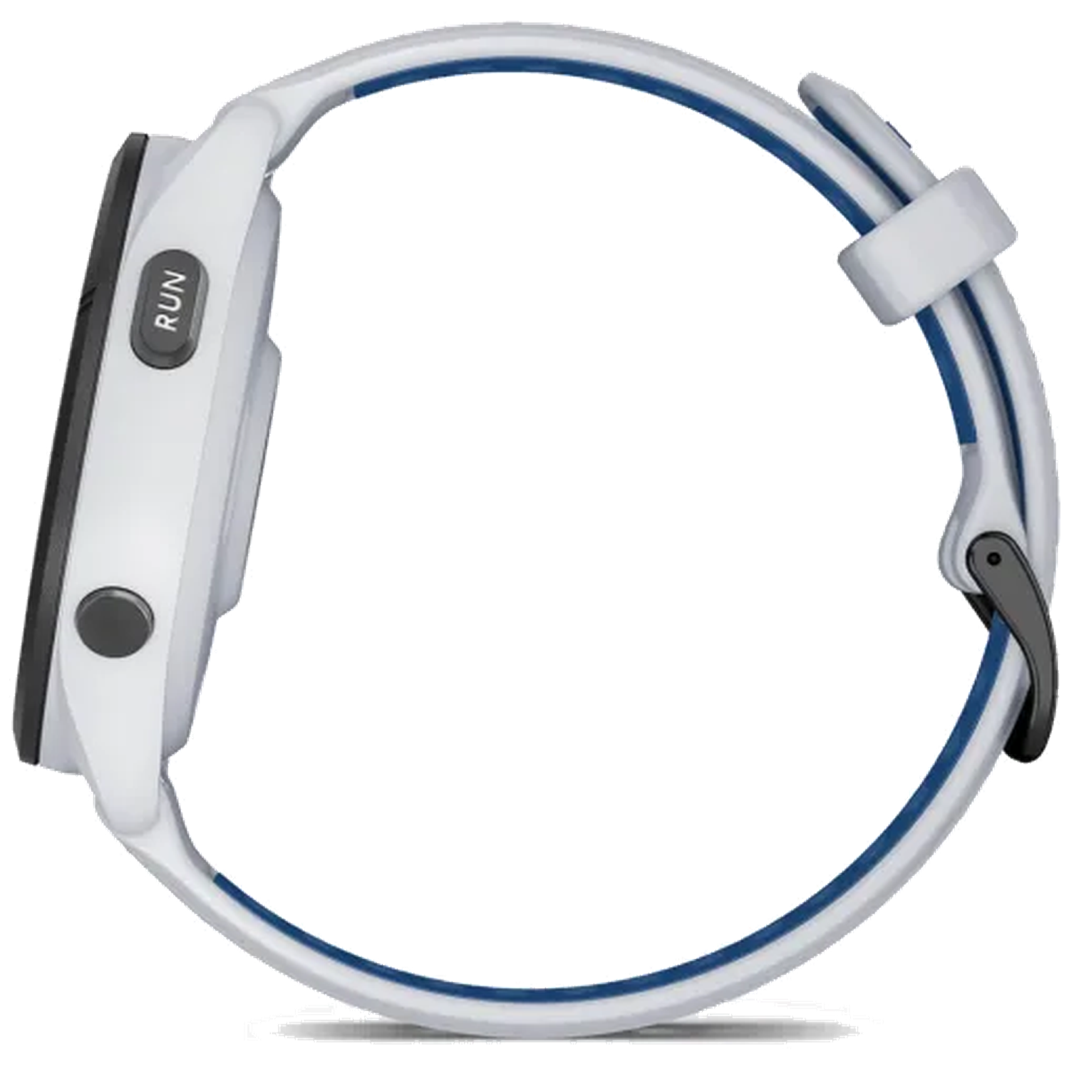 Wit sporthorloge met blauwe streep op band en RUN-knop.