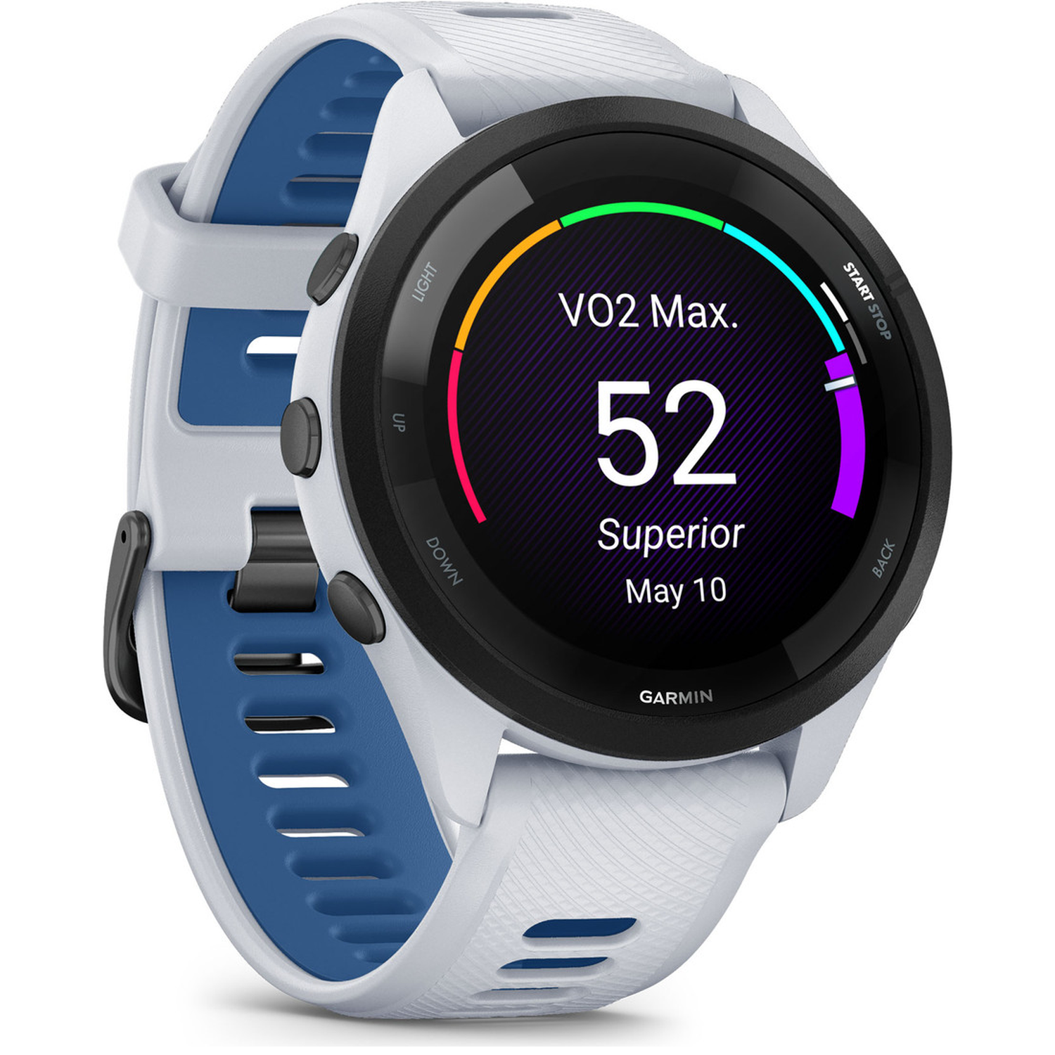 Een wit en blauw Garmin smartwatch toont VO2 Max: 52, Superieur, 10 mei.