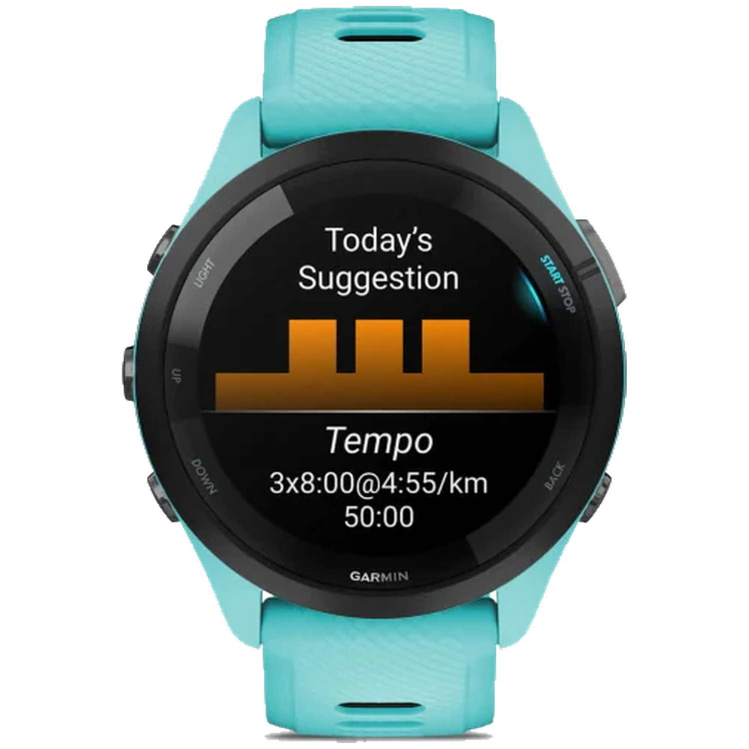 Turquoise Garmin smartwatch displays workout suggestion 'Tempo 3x8:00@4:55/km 50:00'.