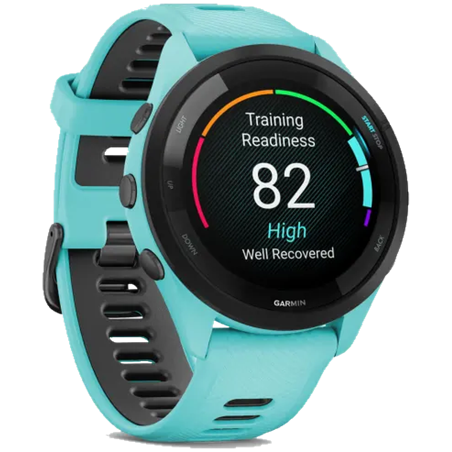 Teal Garmin training wearable showing score 82, High, Well Recovered.