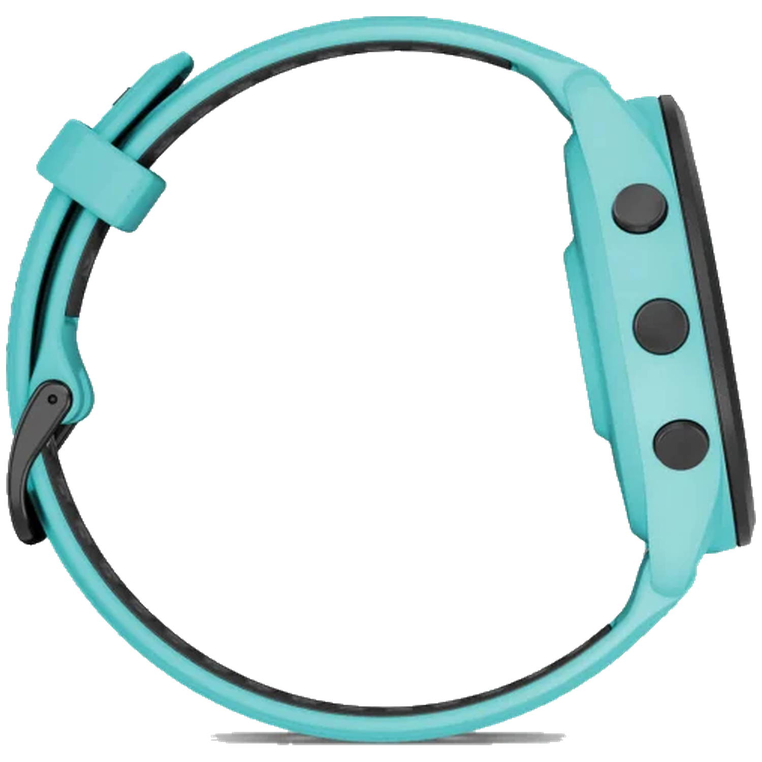 A teal digital watch with black buttons and a black clasp is shown.