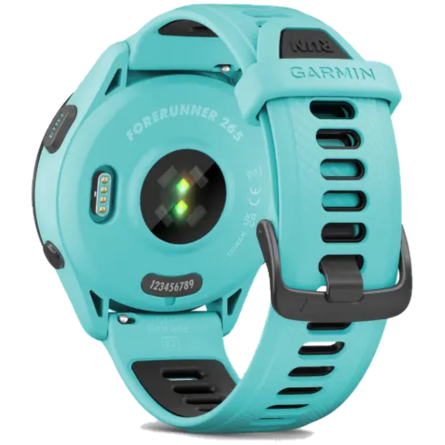 Teal Garmin Forerunner 265 smartwatch, back view with heart rate sensor.