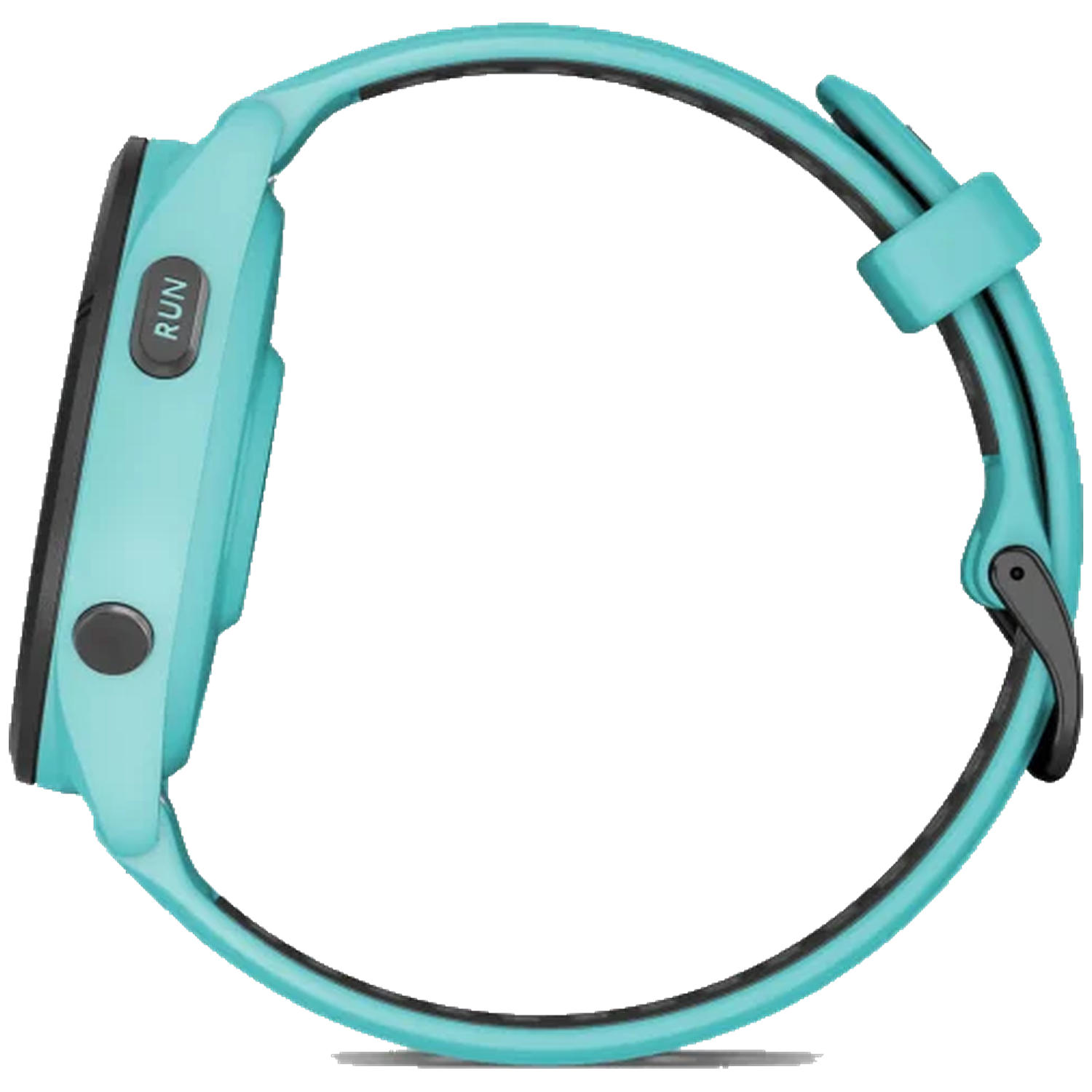 A teal smartwatch with a "RUN" button and a black strap.