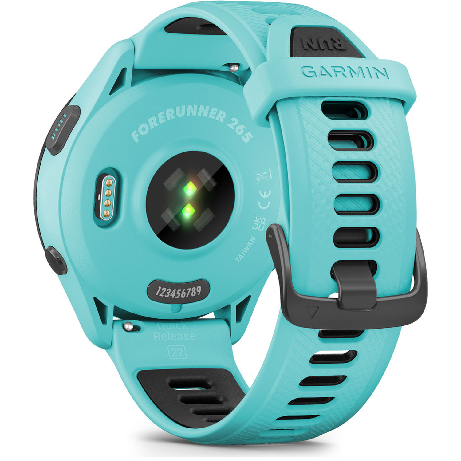 Turquoise Garmin Forerunner 265 smartwatch with heart rate sensor and buckle closure.