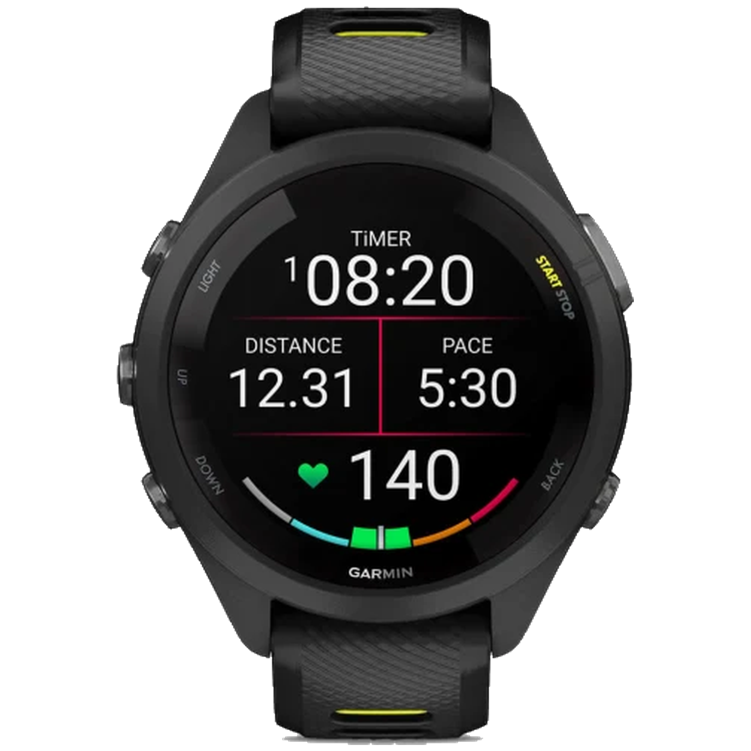 Black Garmin smartwatch displaying timer, distance, pace, and heart rate.