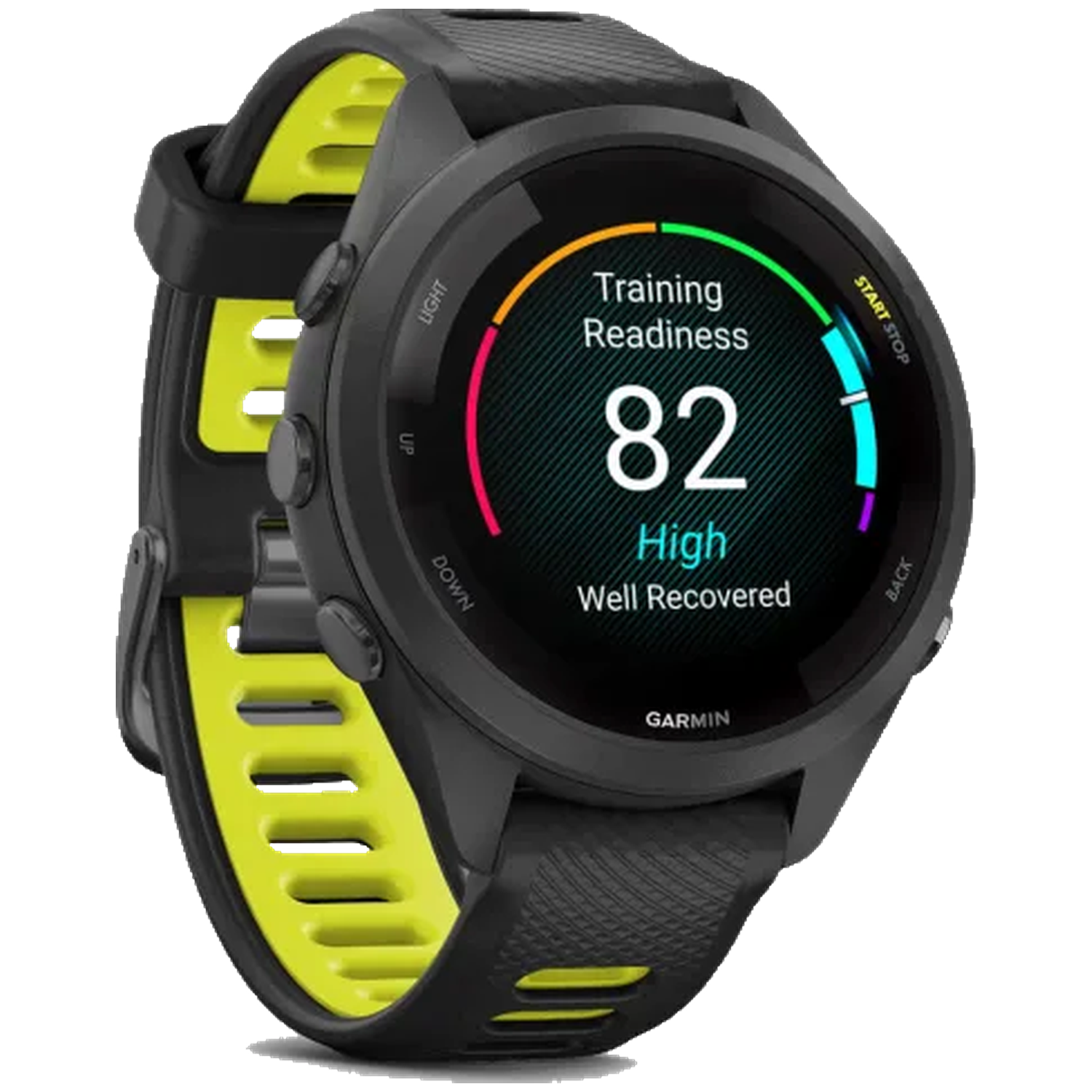Black Garmin smartwatch with a yellow band, showing training readiness score of 82.