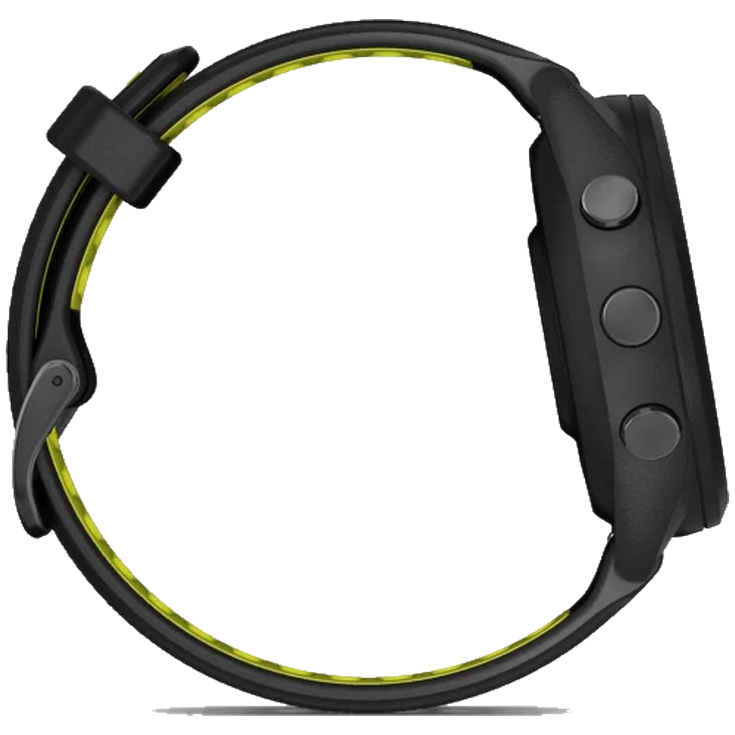 Black smartwatch with yellow accent and side buttons.