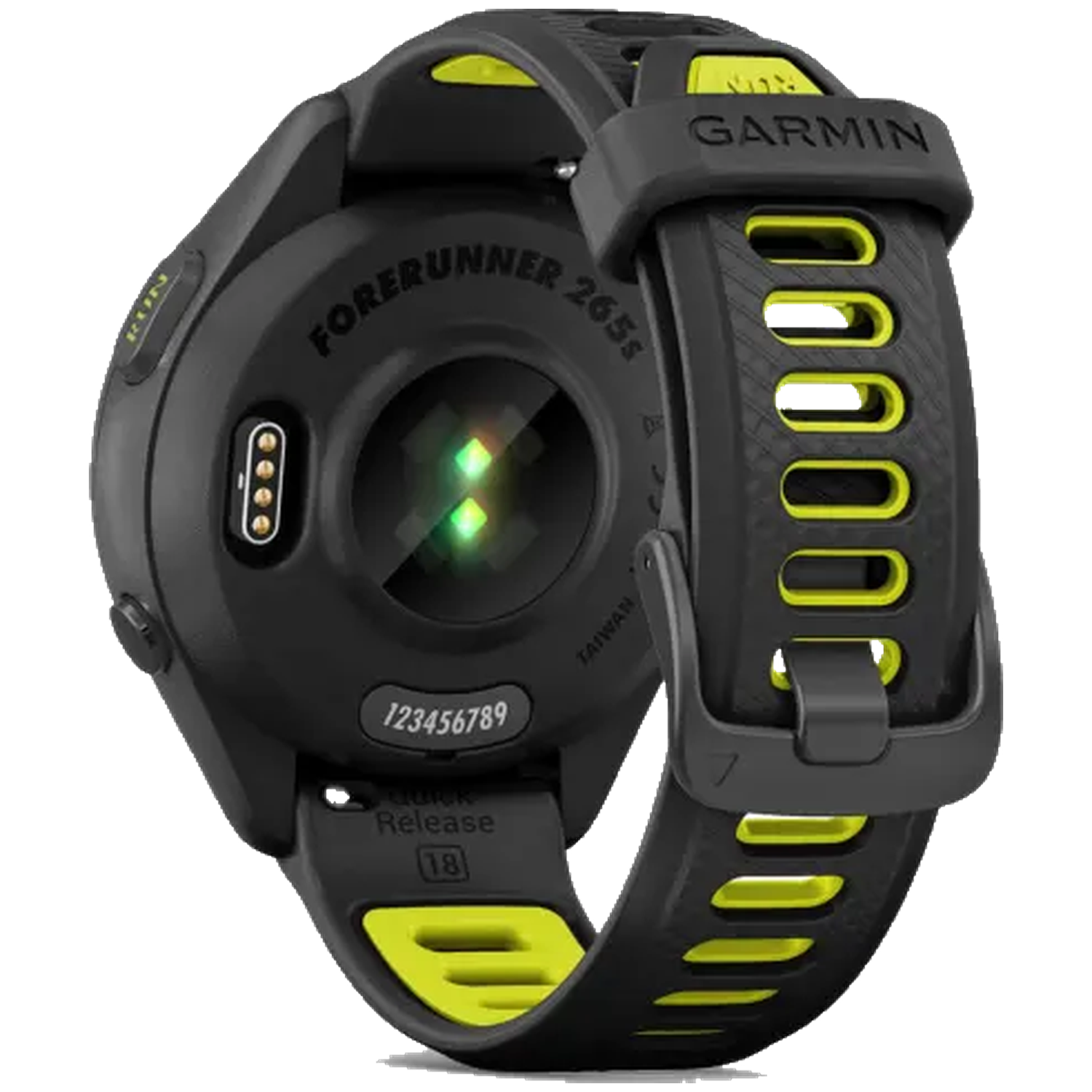 Black Garmin Forerunner 265s watch with yellow accents on the strap and sensors.