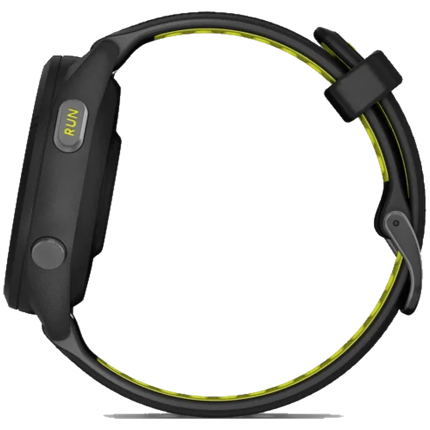 Black sports watch with yellow accents and a RUN button.