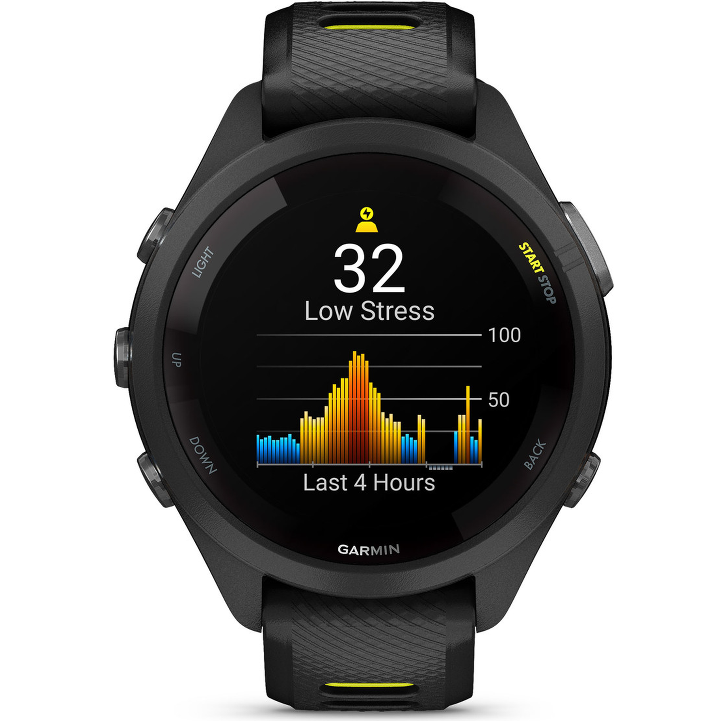 Black smartwatch displays 32 stress level and bar graph for last 4 hours.