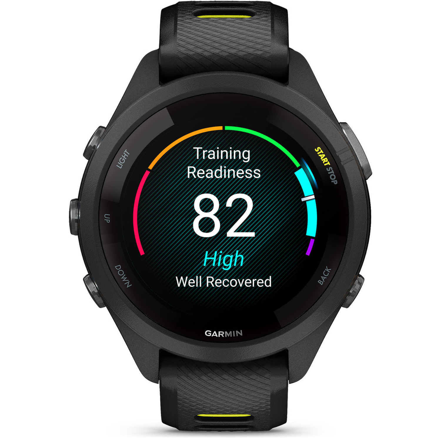 Black smartwatch displaying training readiness 82, high, well recovered.