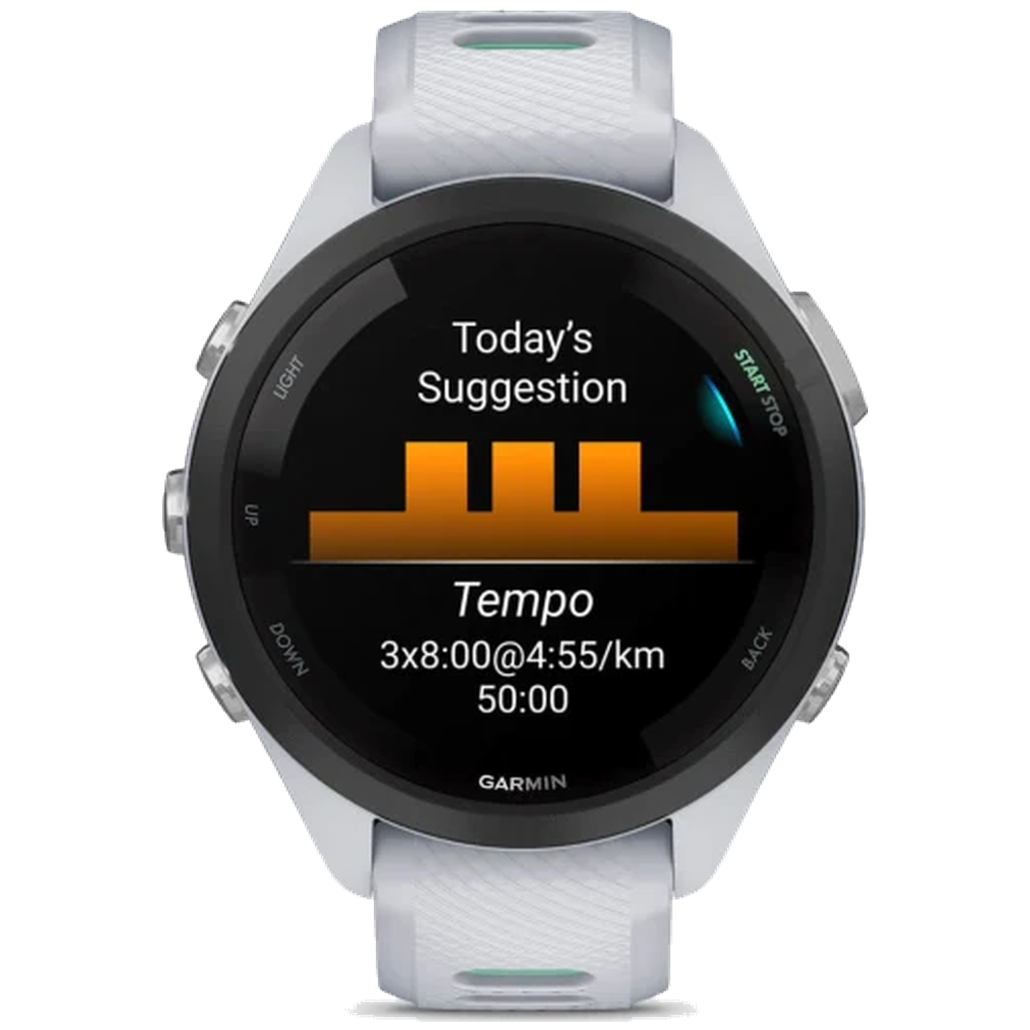 Gray smartwatch with white band showing a workout suggestion.
