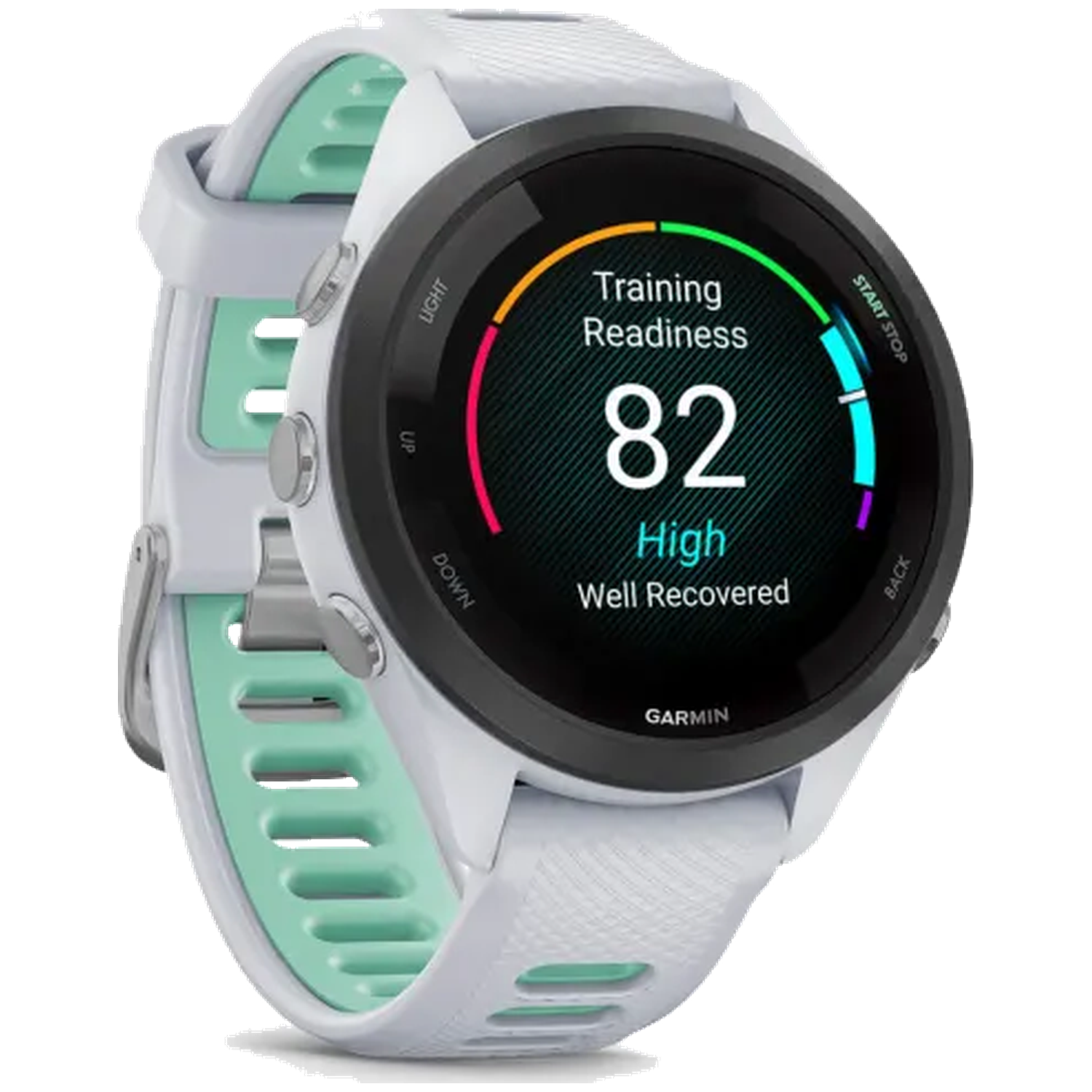 White Garmin smartwatch with a mint green band, displaying training readiness 82.