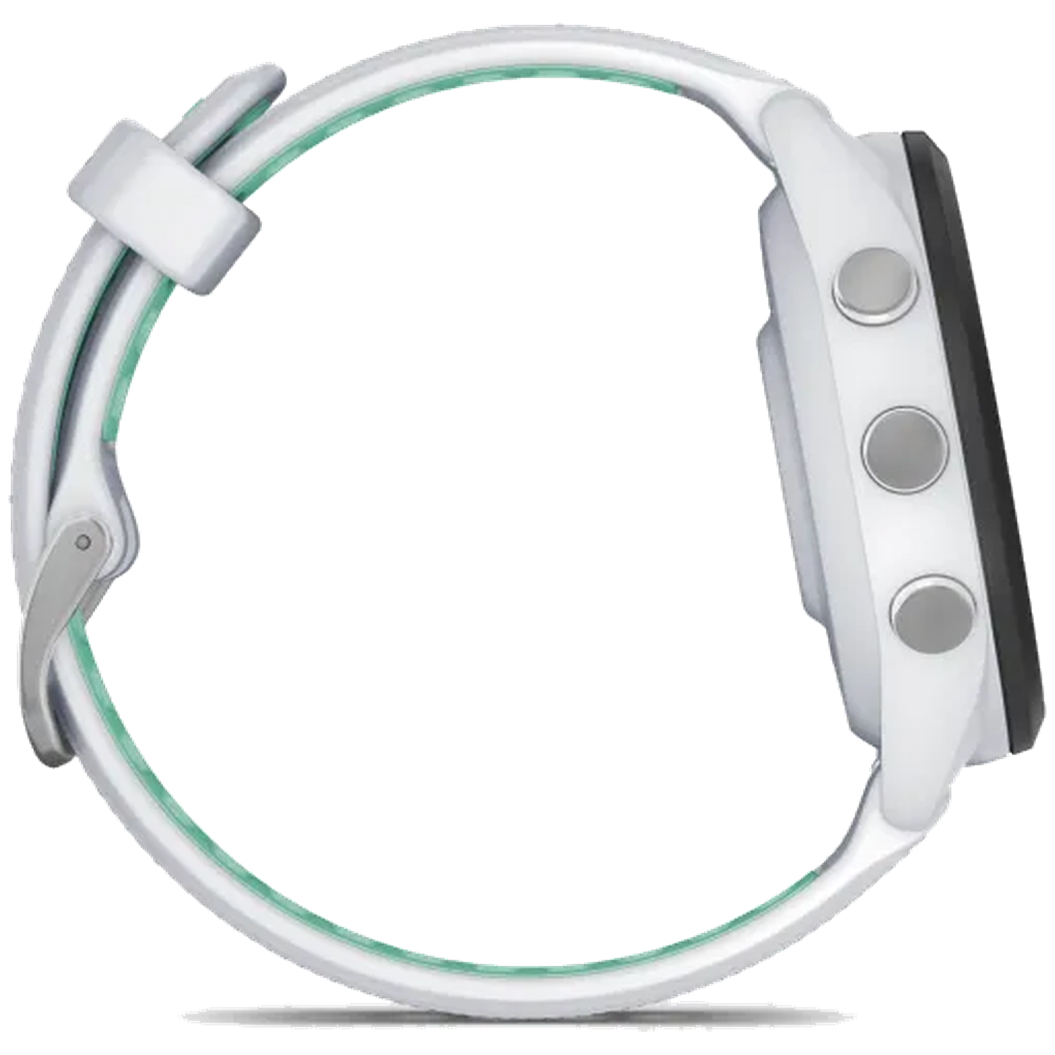 White smartwatch with green accents and side buttons.