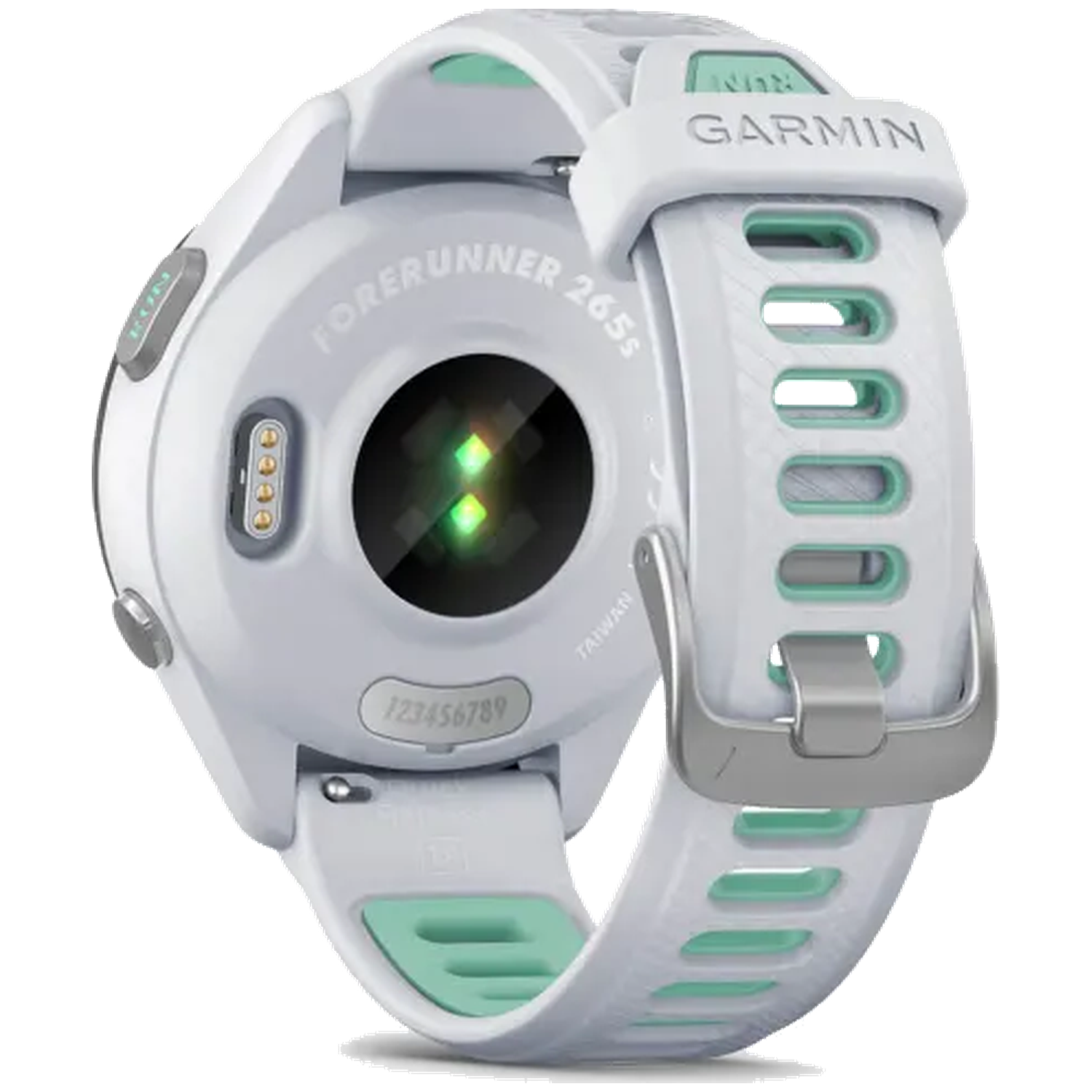 White Garmin Forerunner 265s watch with mint green accents and heart rate sensor.