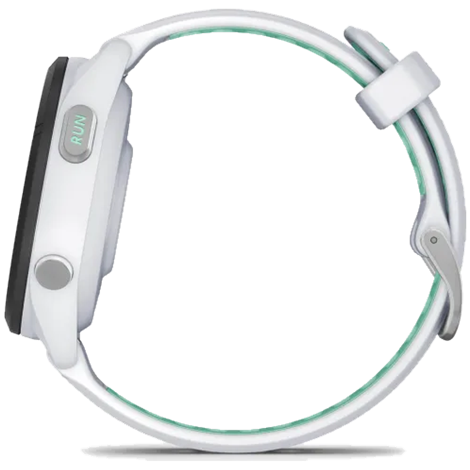 White smartwatch with green accent and 'RUN' button, shown in profile.