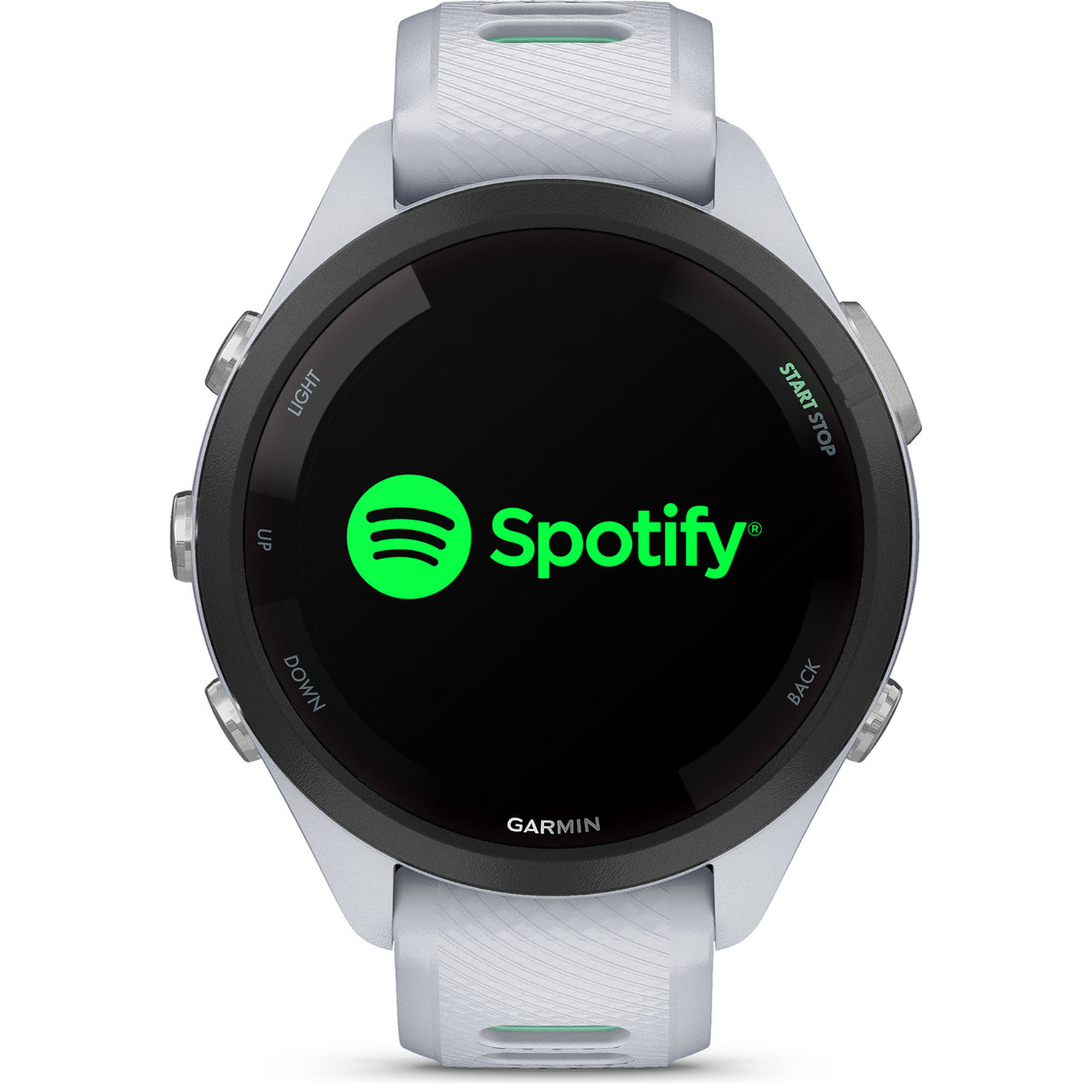 A grey smartwatch displays the Spotify logo on its screen.