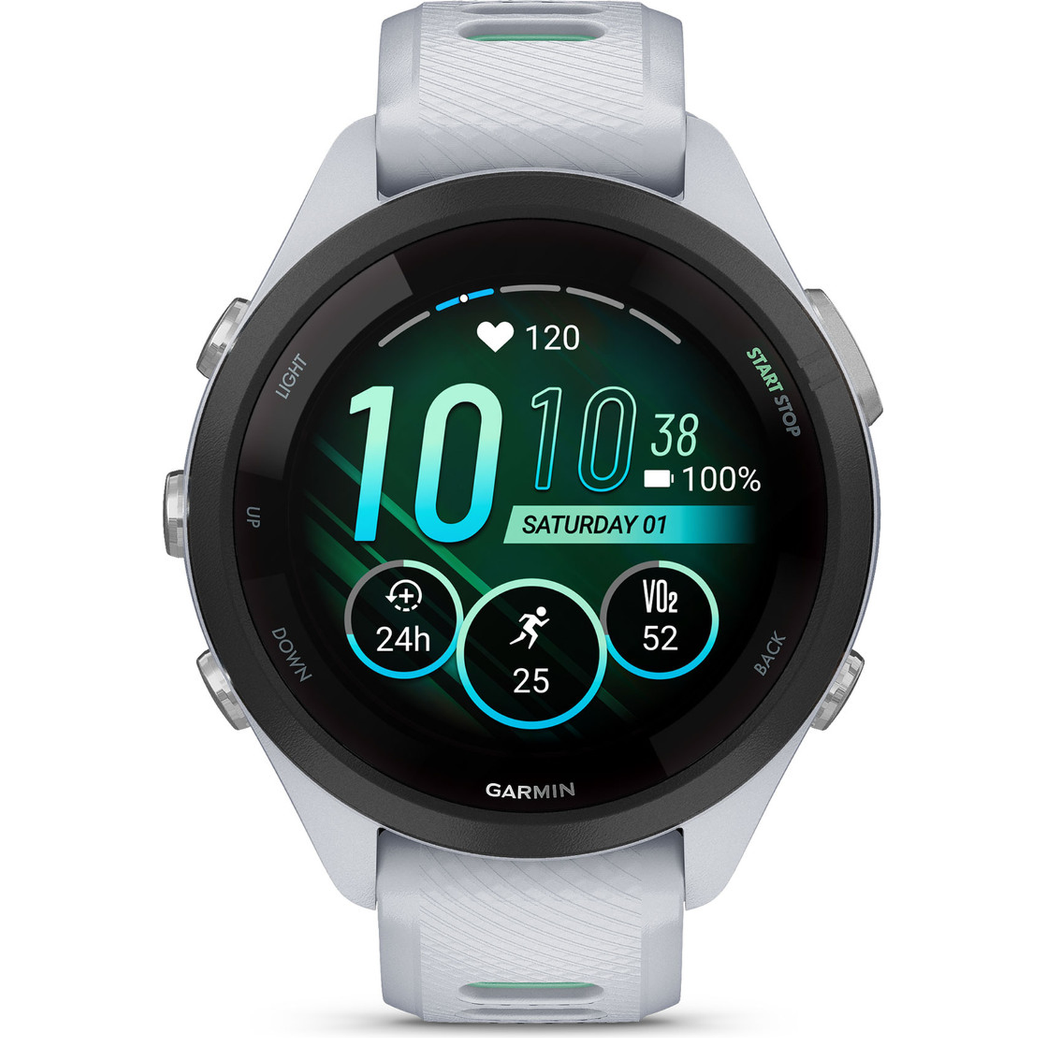 Gray smartwatch displaying time, date, heart rate, VO2 max, and activity.