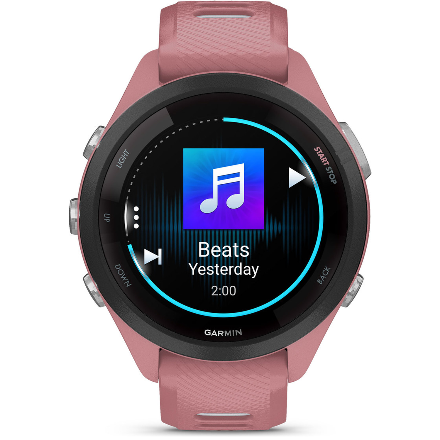 Een roze Garmin smartwatch die de muziekapp 'Beats Yesterday' toont.