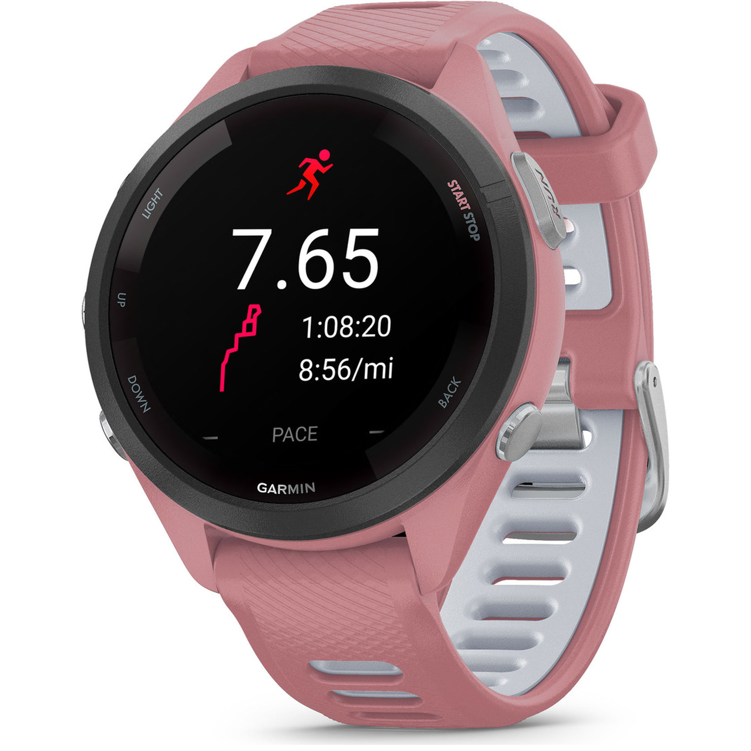 Een roze Garmin horloge toont 7,65 mijl, 1:08:20 tijd en 8:56/mi tempo.