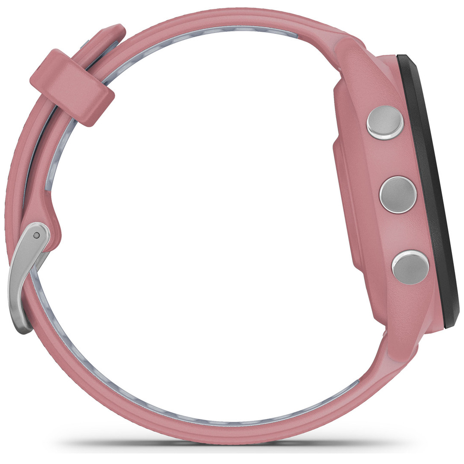 Een roze smartwatch met zilveren knoppen en band.