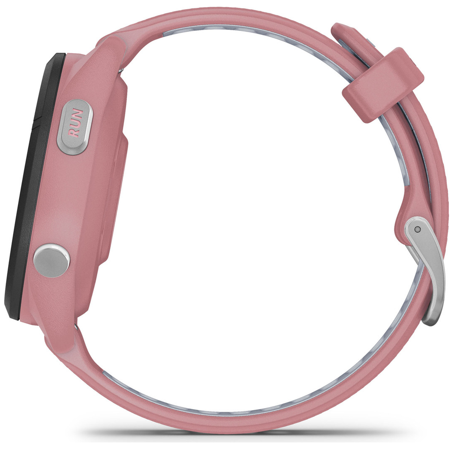 Een roze smartwatch met een 'RUN'-knop en grijze band. Zijaanzicht.