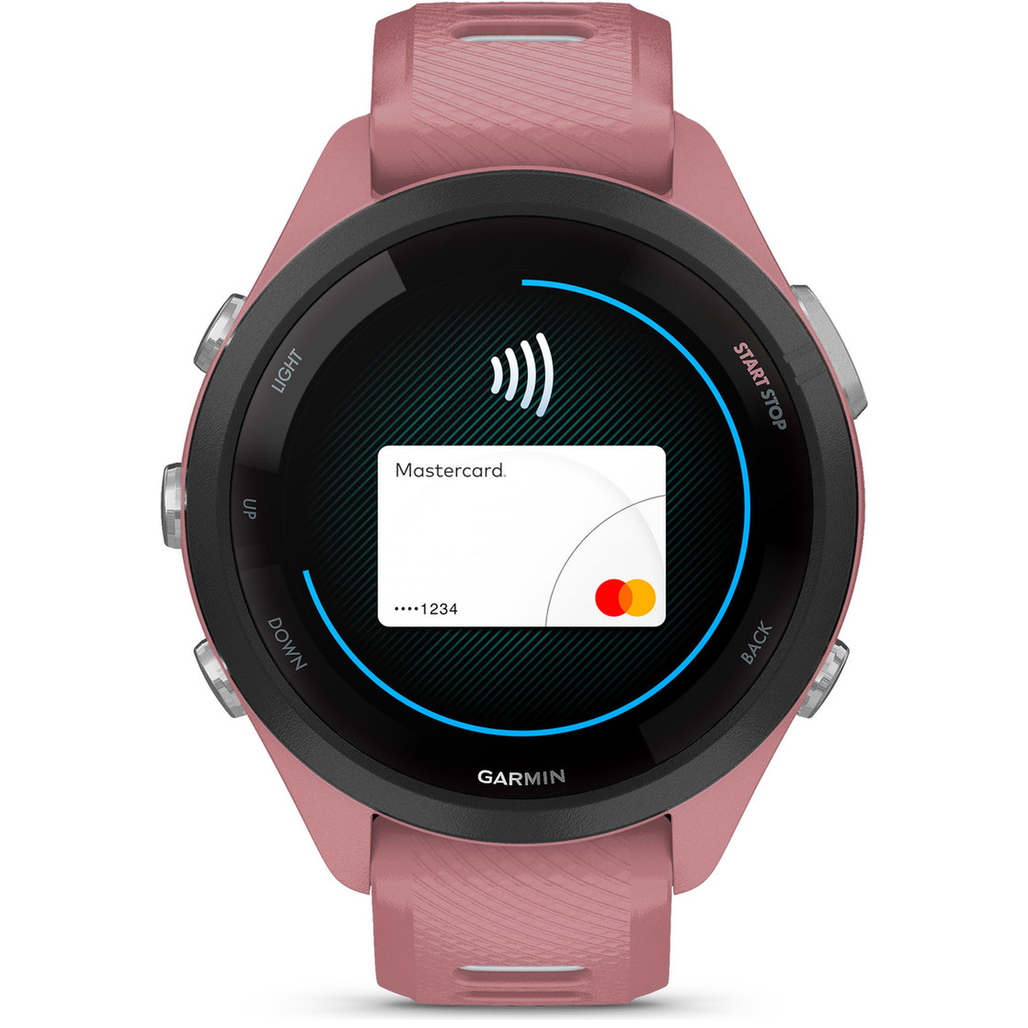 Een roze Garmin smartwatch toont een Mastercard-betaling op het scherm.