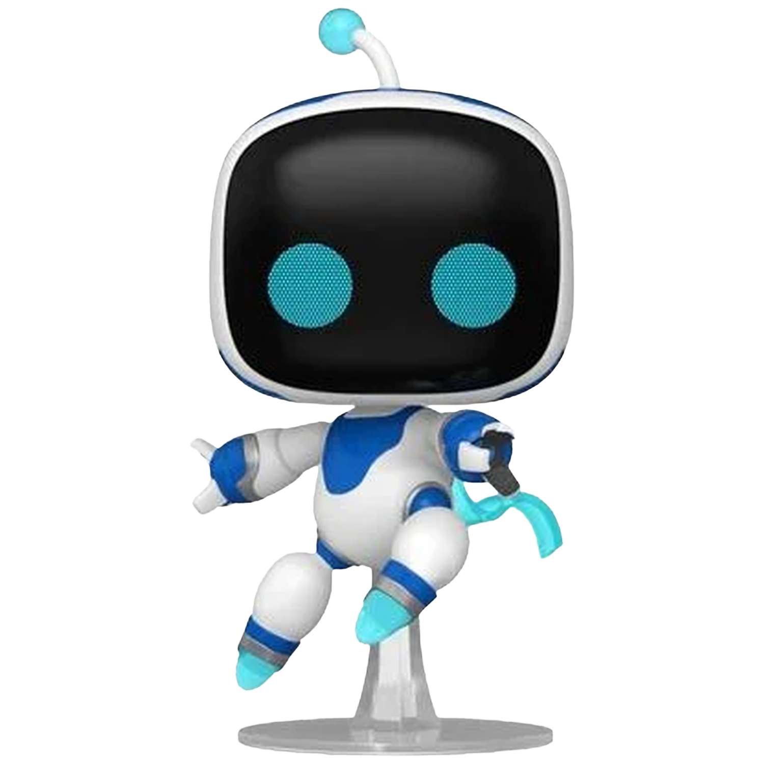 Een witte en blauwe robot met zwarte ogen en een blauwe antenne staat.
