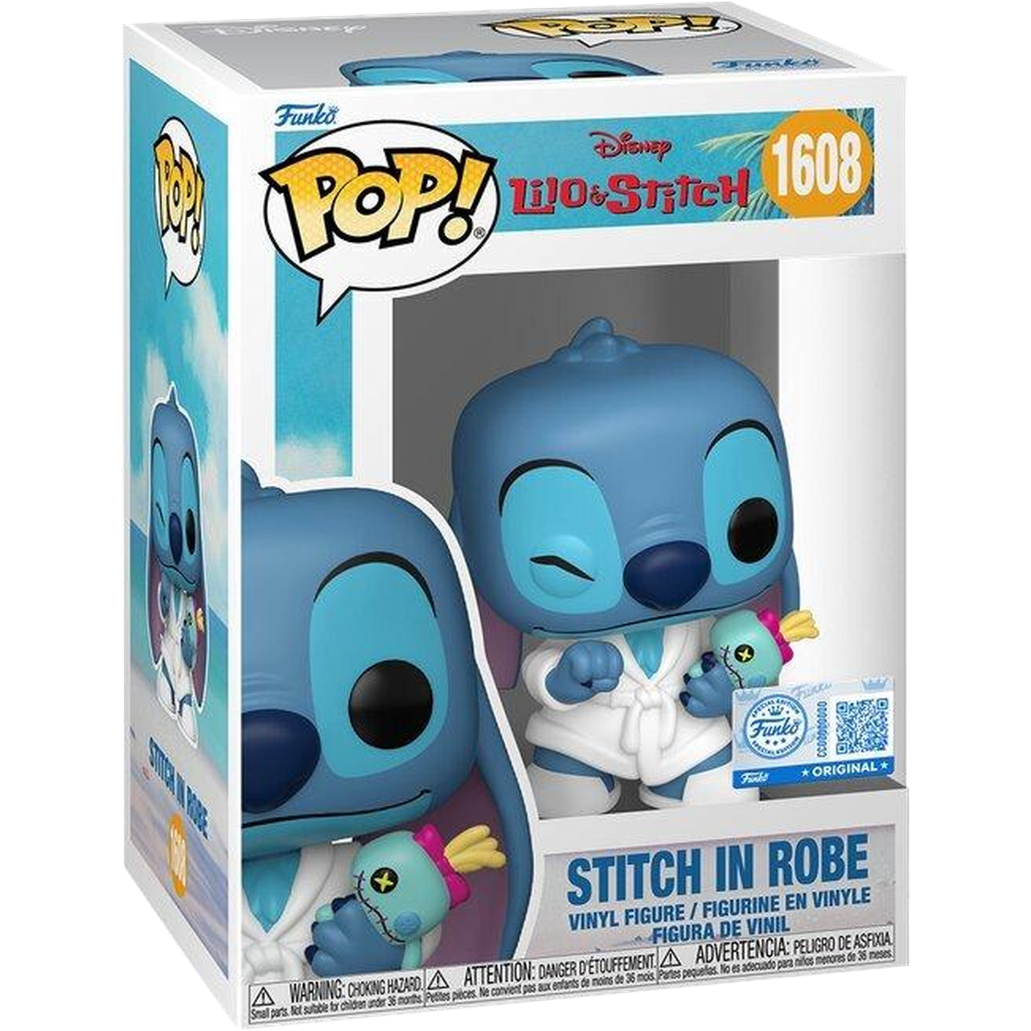 A Funko Pop! figure of Stitch in a white robe holding a small plush toy.