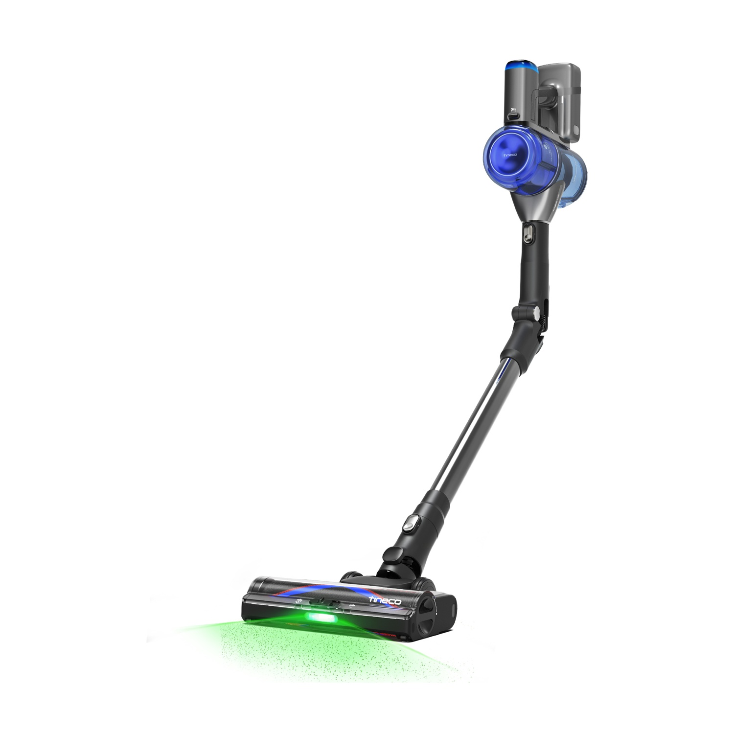 Un aspirapolvere senza fili moderno con contenitore blu e illuminazione a LED verde sulla spazzola.