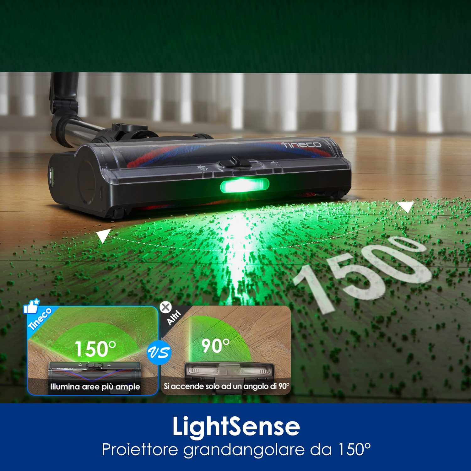Un aspirapolvere con luce verde che illumina lo sporco sul pavimento.