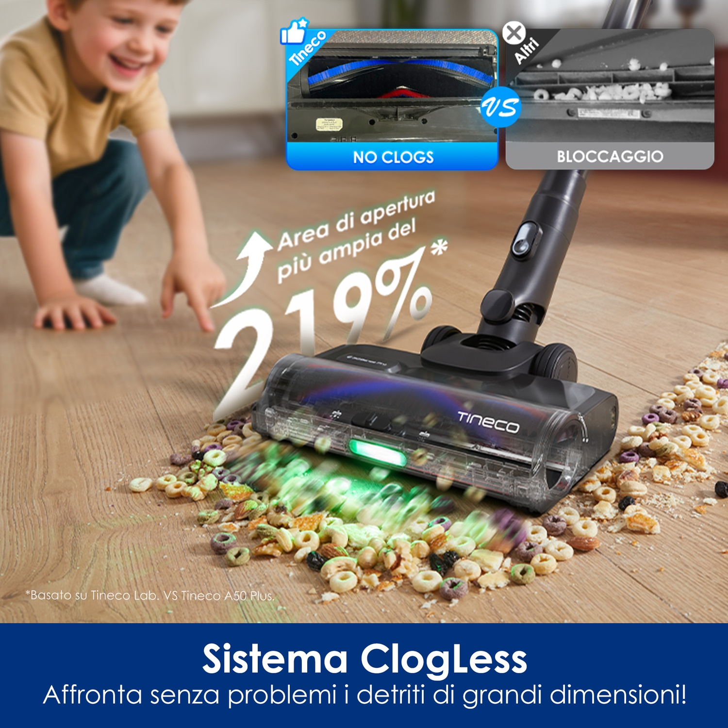 Un bambino guarda un aspirapolvere che aspira cereali. Confronto NO CLOGS vs BLOCCHAGGIO.