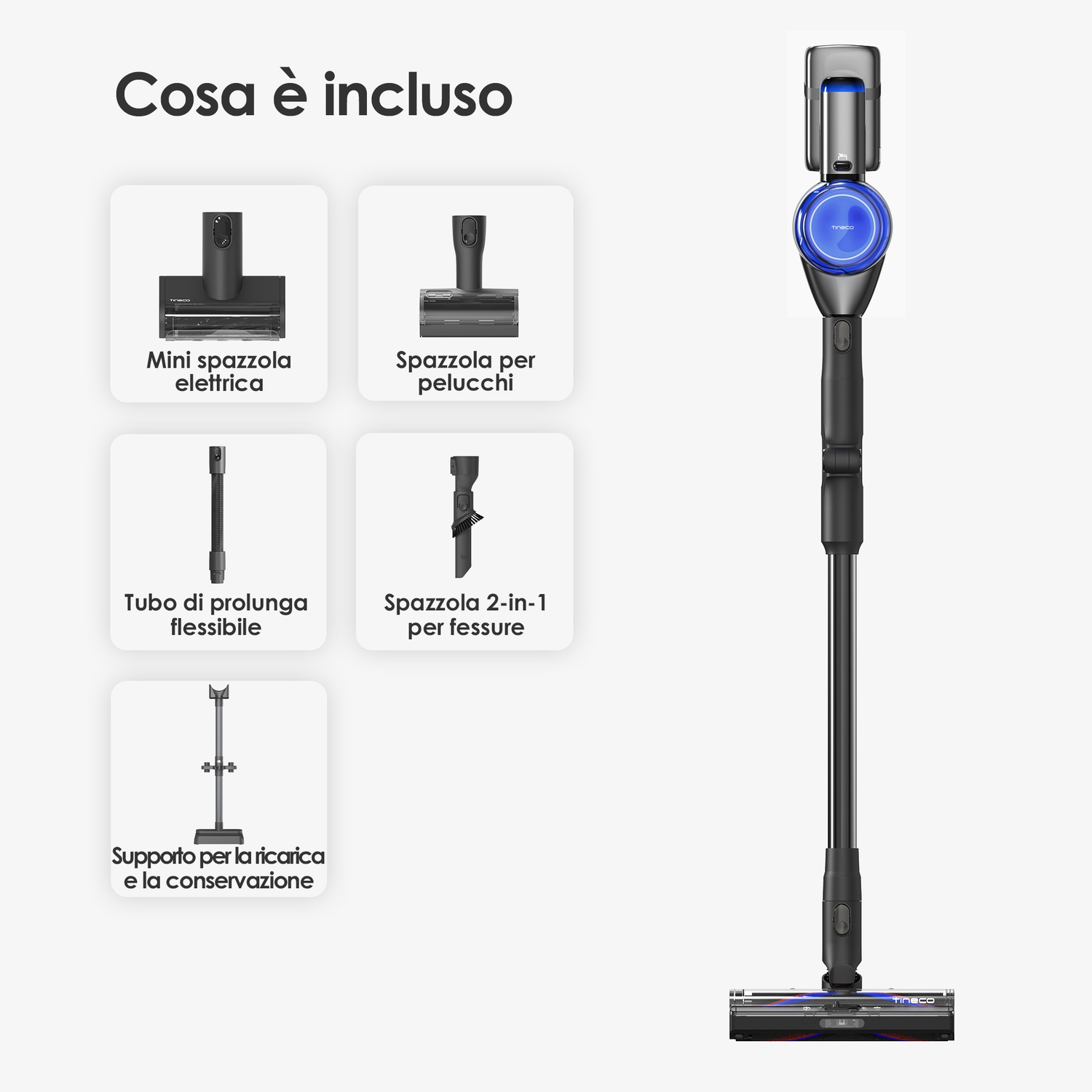 Elenco accessori aspirapolvere: mini spazzola, spazzola, prolunga, accessorio fessure, base di ricarica.