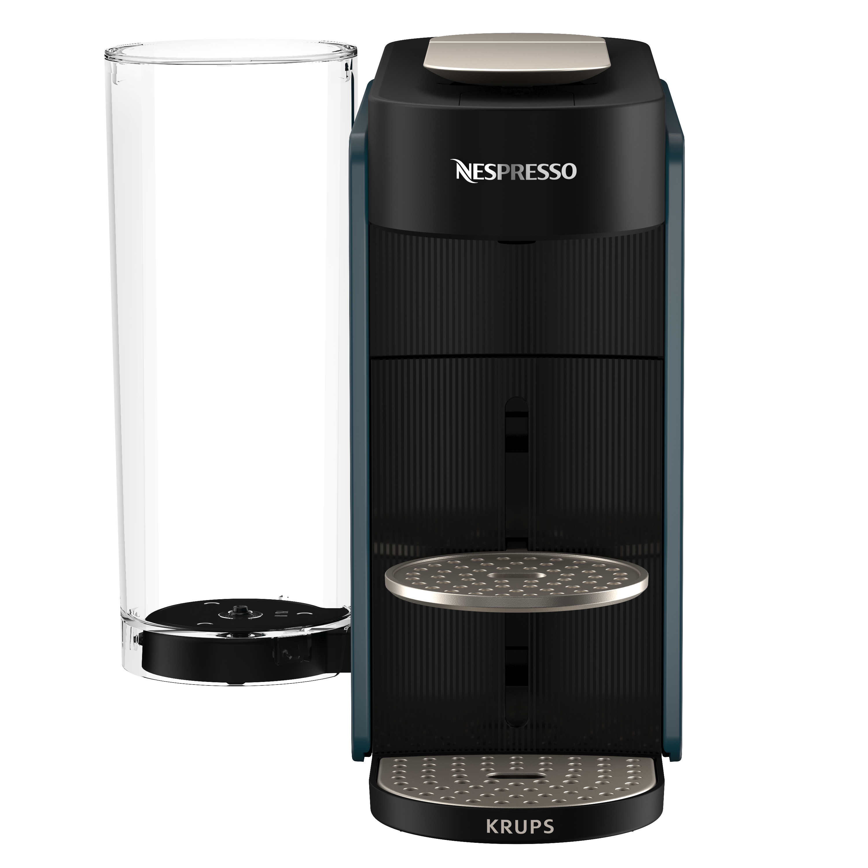 Cafetera Nespresso negra con un vaso vacío al lado.