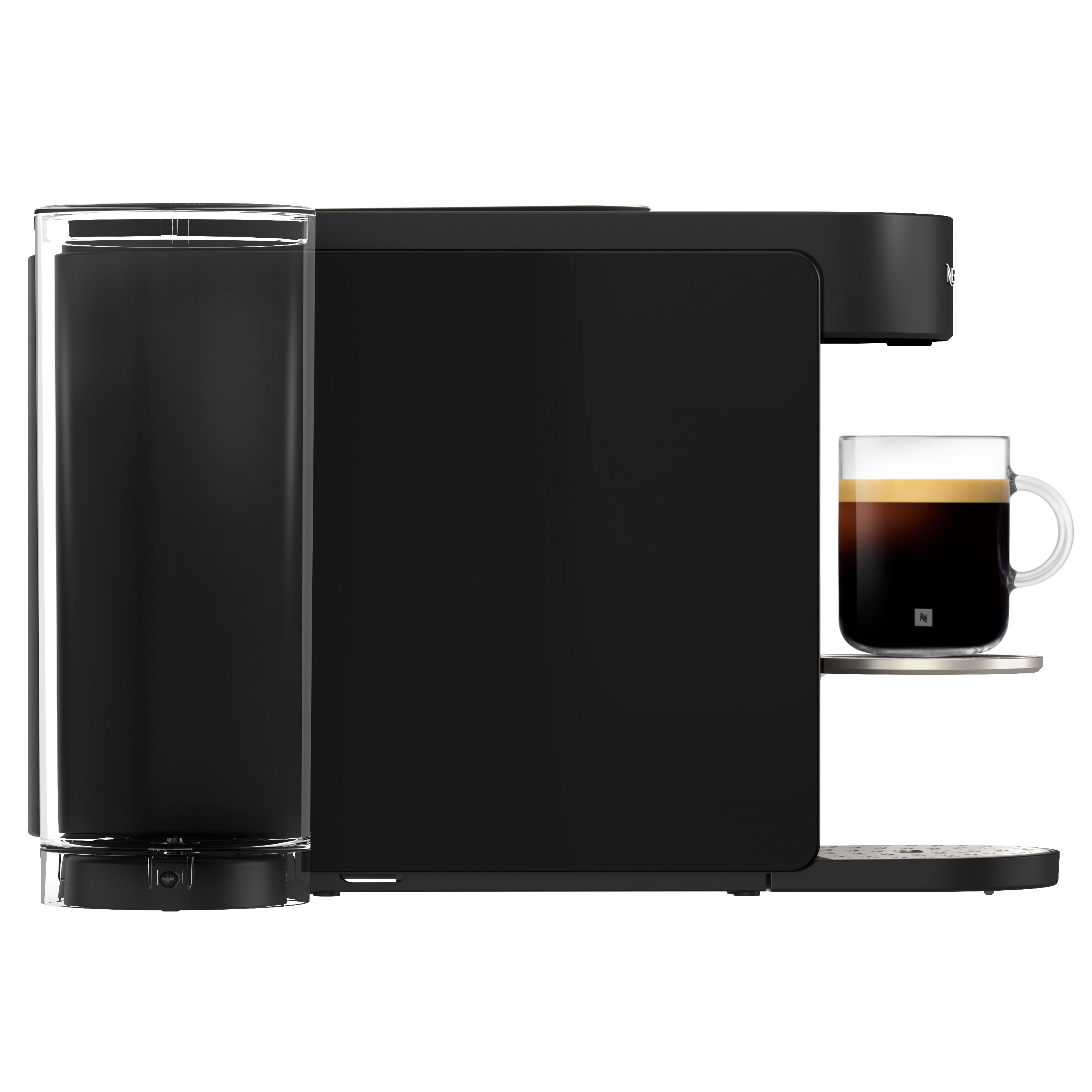 Cafetera negra con depósito de agua y una taza de espresso.