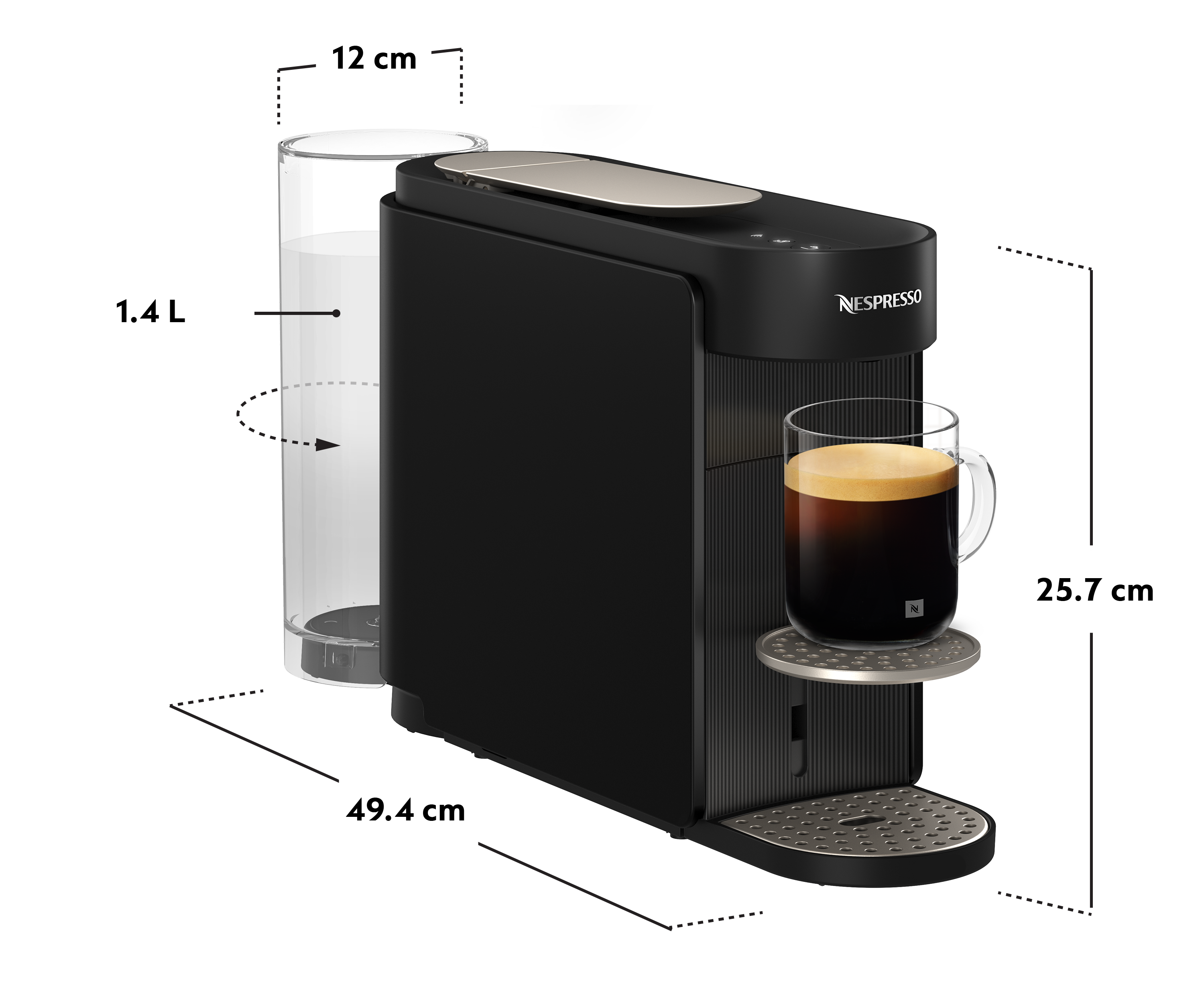 Cafetera negra con depósito de agua y vaso de café.