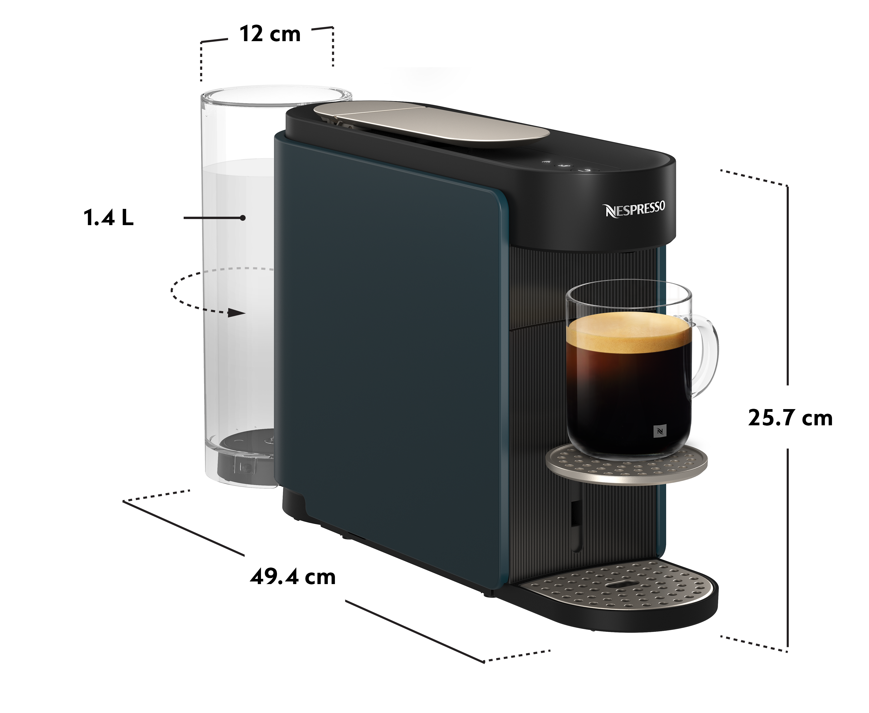 Cafetera Nespresso azul oscuro con depósito de agua y café preparado.