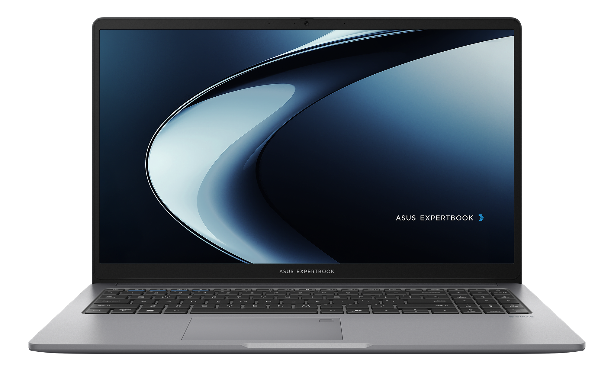 Ein silberner Asus Expertbook Laptop mit abstraktem blauen Hintergrund.