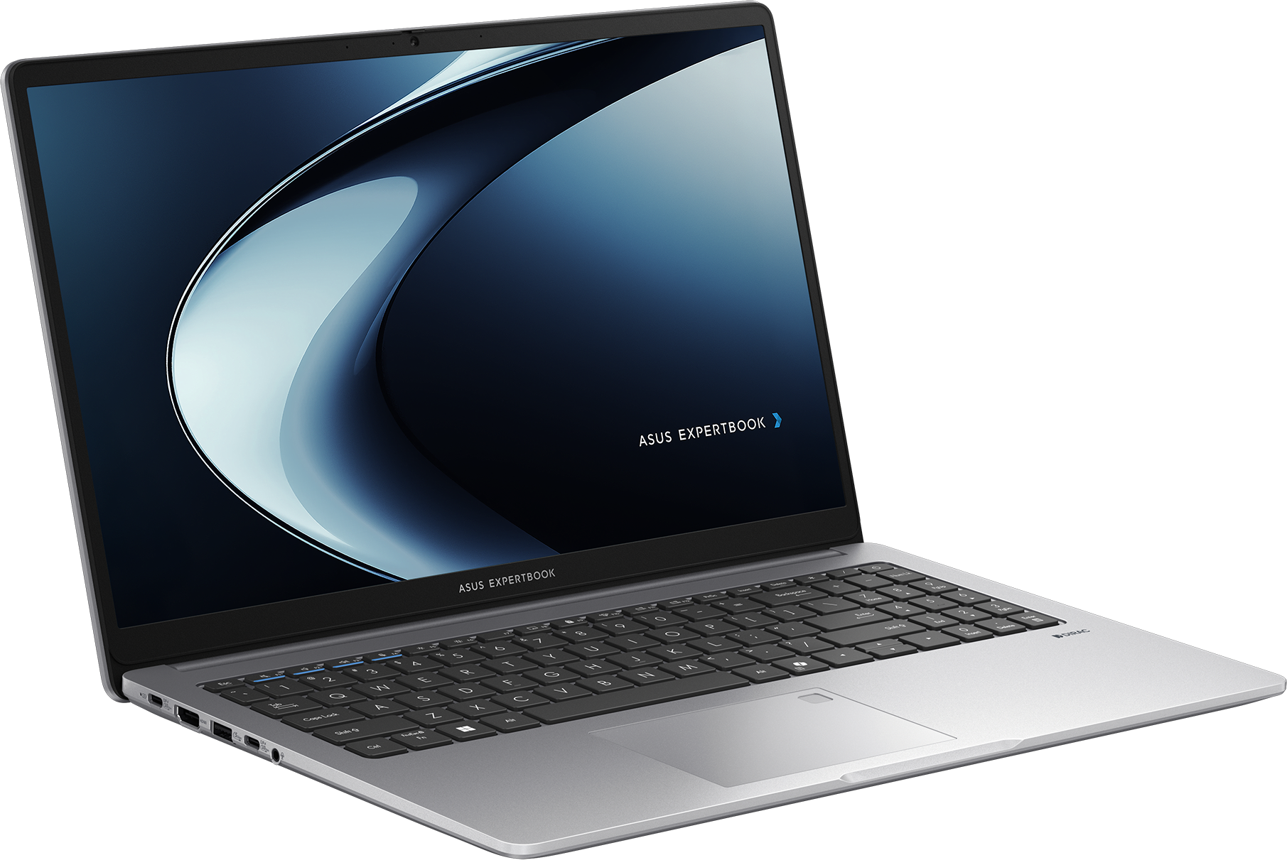 Ein silberner ASUS ExpertBook Laptop mit dunklem blauen Hintergrund ist geöffnet.