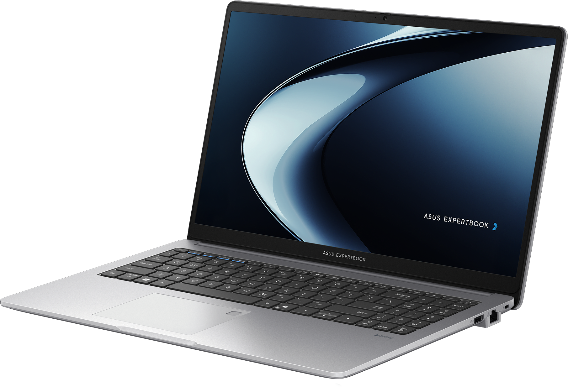 Ein silberner Asus Expertbook Laptop mit schwarzer Tastatur und blauem Bildschirmhintergrund.