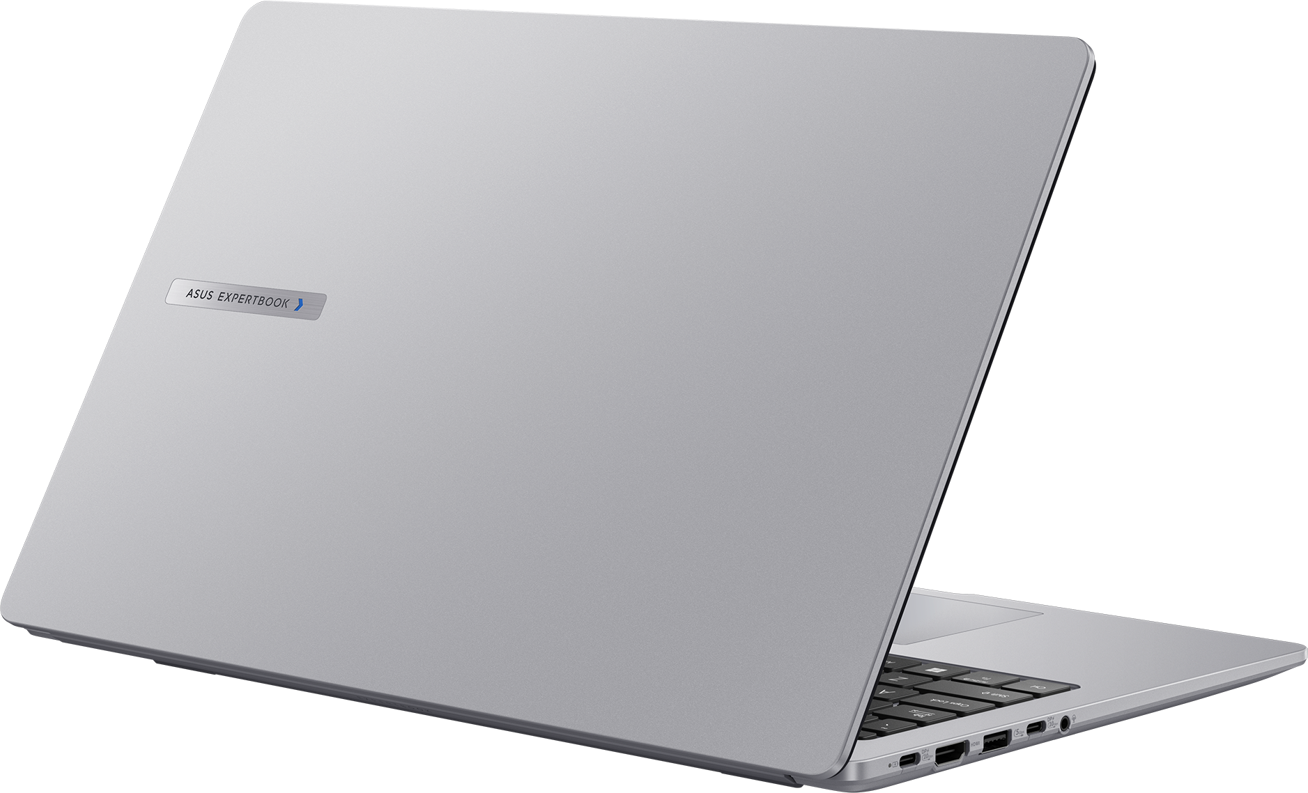 Ein silberner ASUS ExpertBook Laptop, von hinten gesehen, mit Tastatur und Anschlüssen.