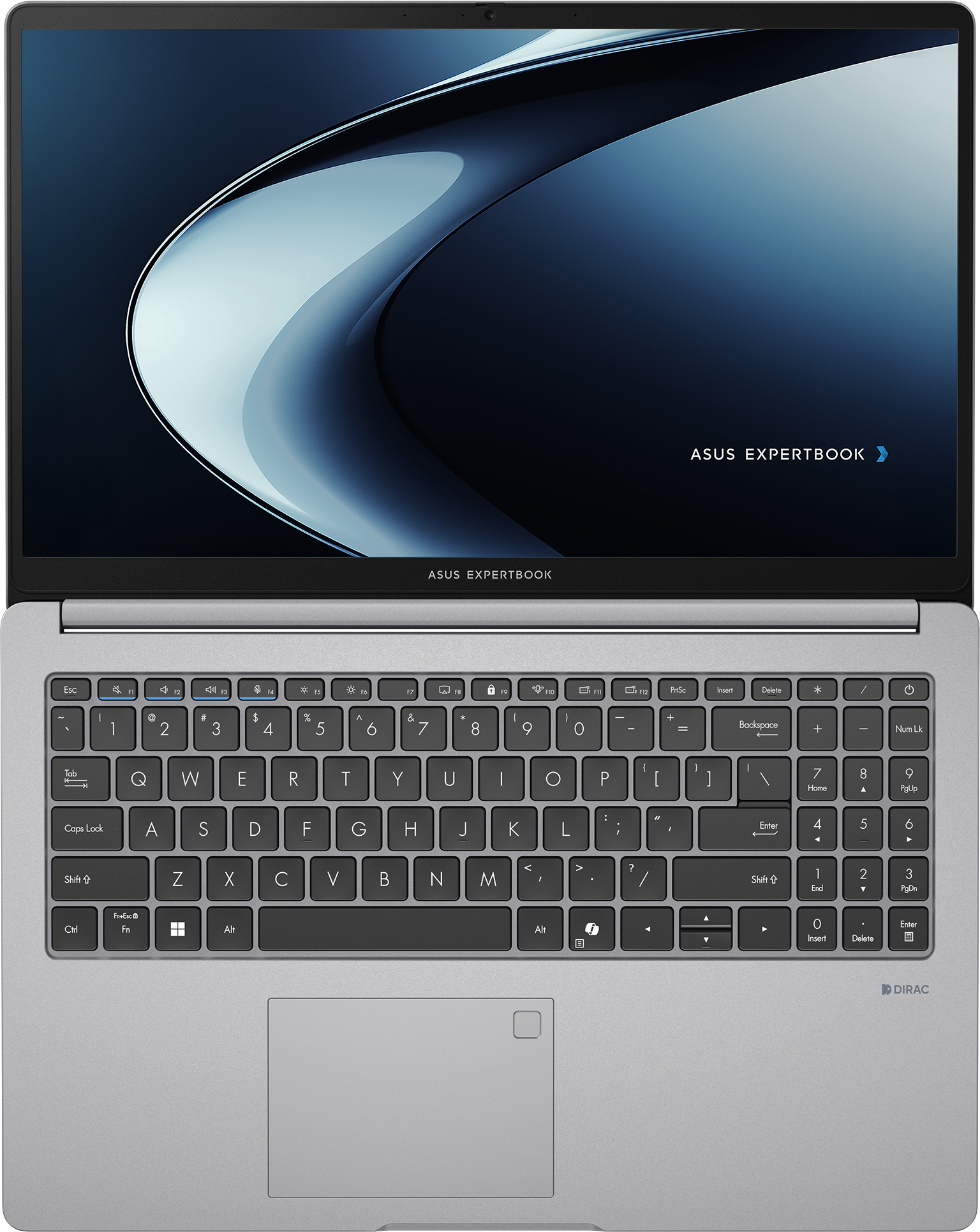 Ein silberner Laptop mit schwarzer Tastatur und einem blauen Hintergrund auf dem Bildschirm.