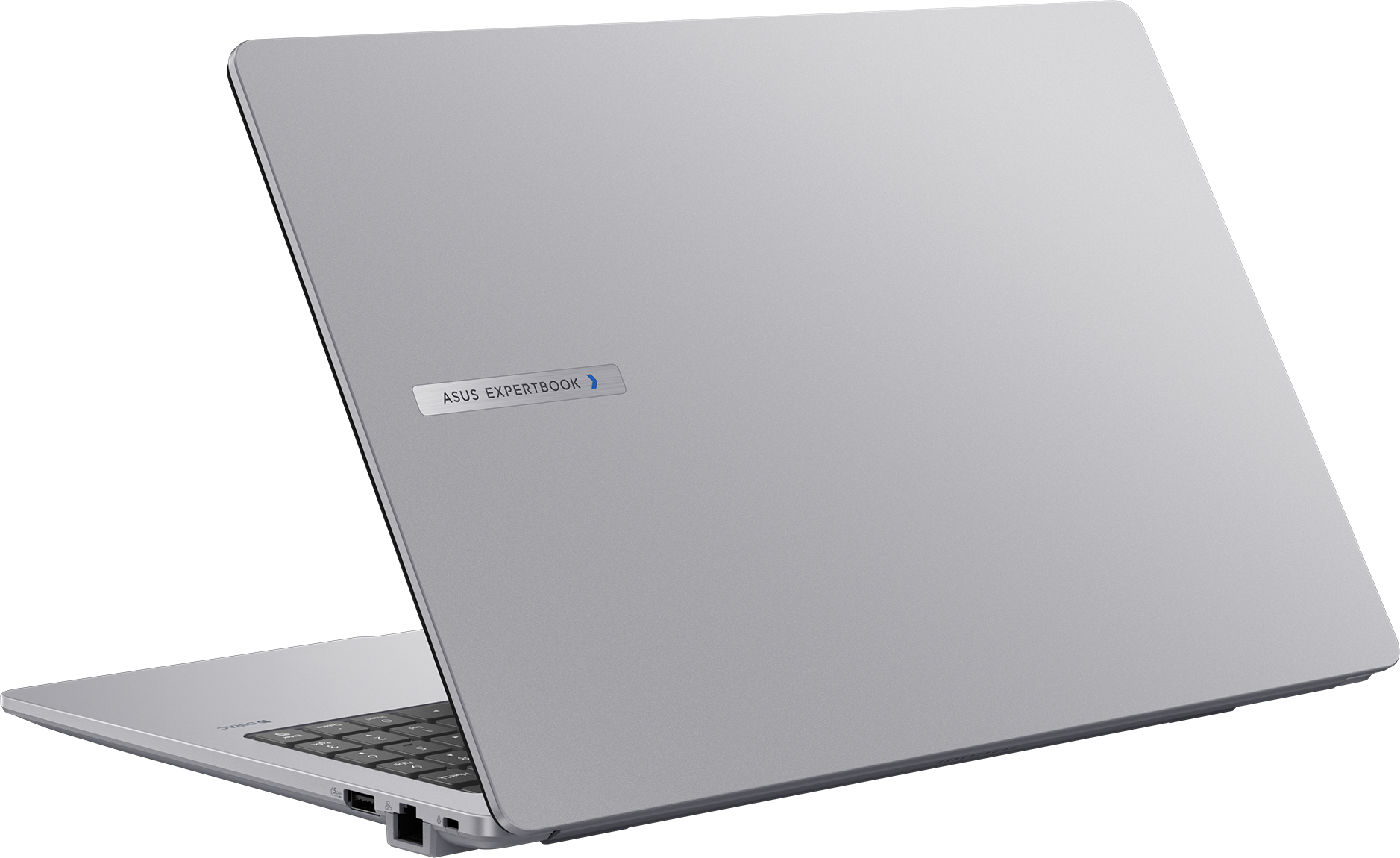 Ein silberner Asus Expertbook Laptop, offen und von der Seite gezeigt.