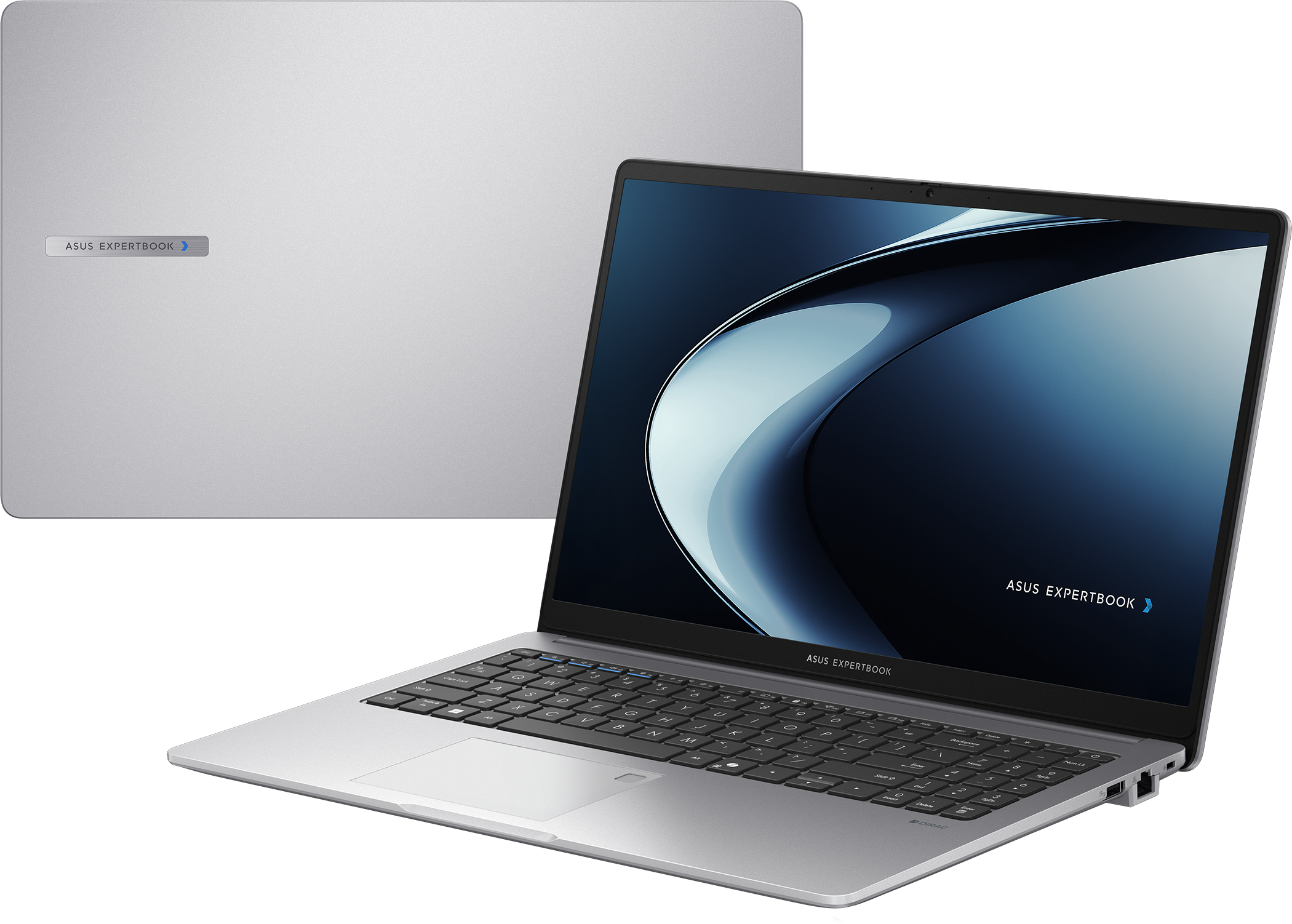 Silberner Laptop von ASUS ExpertBook, geöffnet mit Tastatur und Bildschirm.