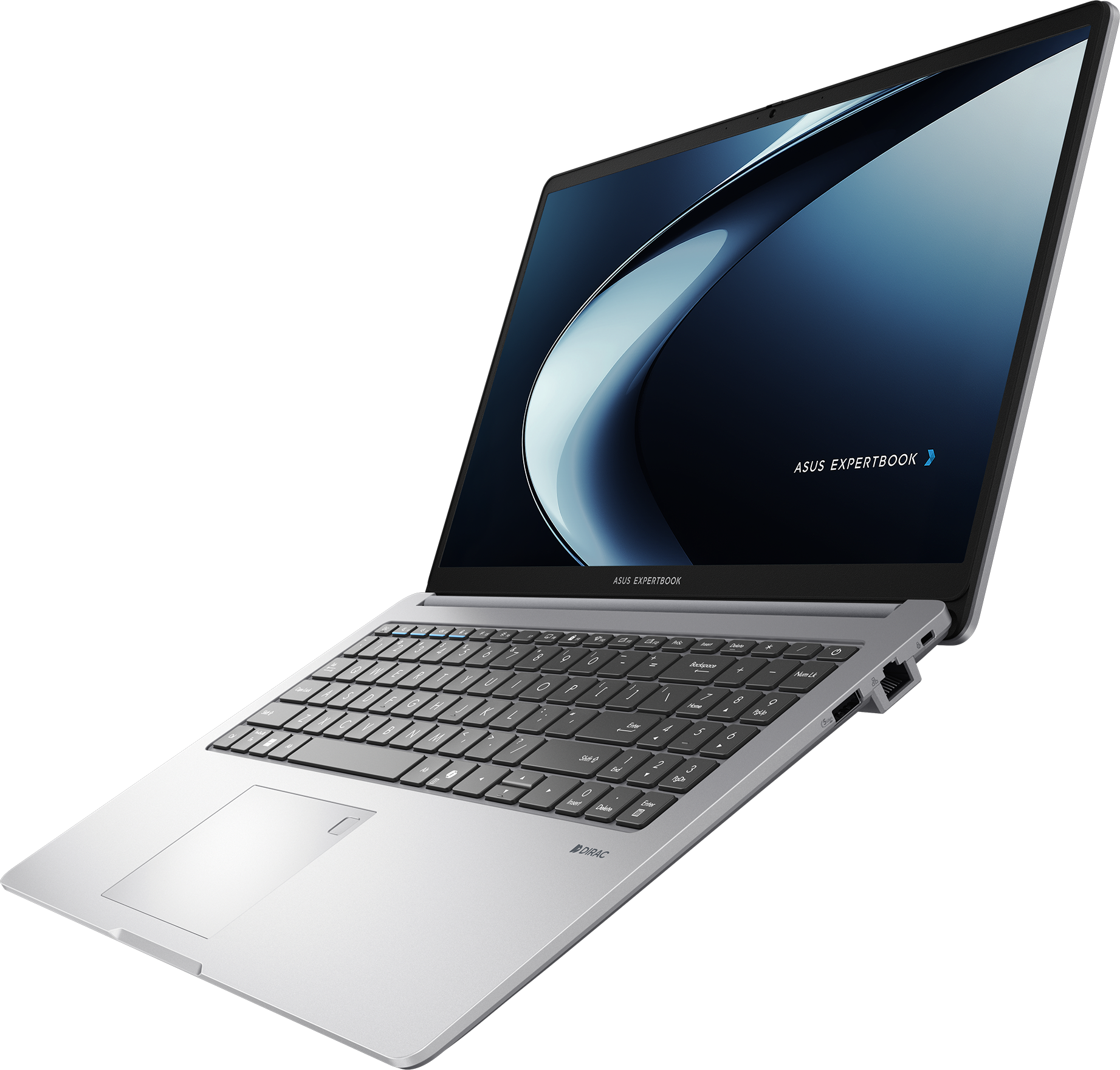 Silberner Asus Expertbook Laptop mit beleuchteter Tastatur und Anschlüssen.