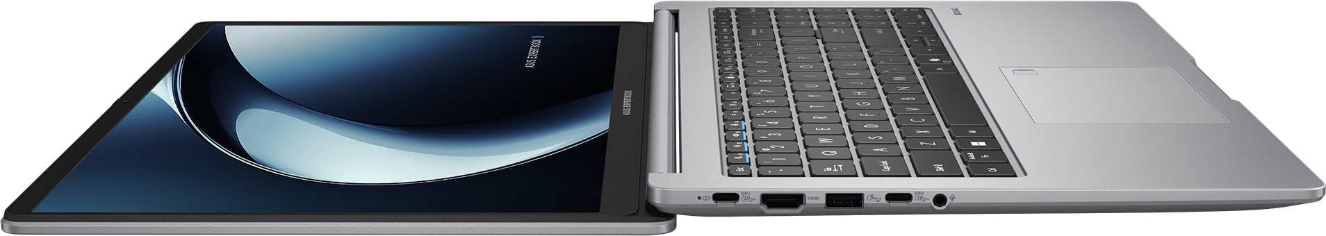 Ein offener silberner Laptop mit schwarzer Tastatur und blauem Hintergrundbild.