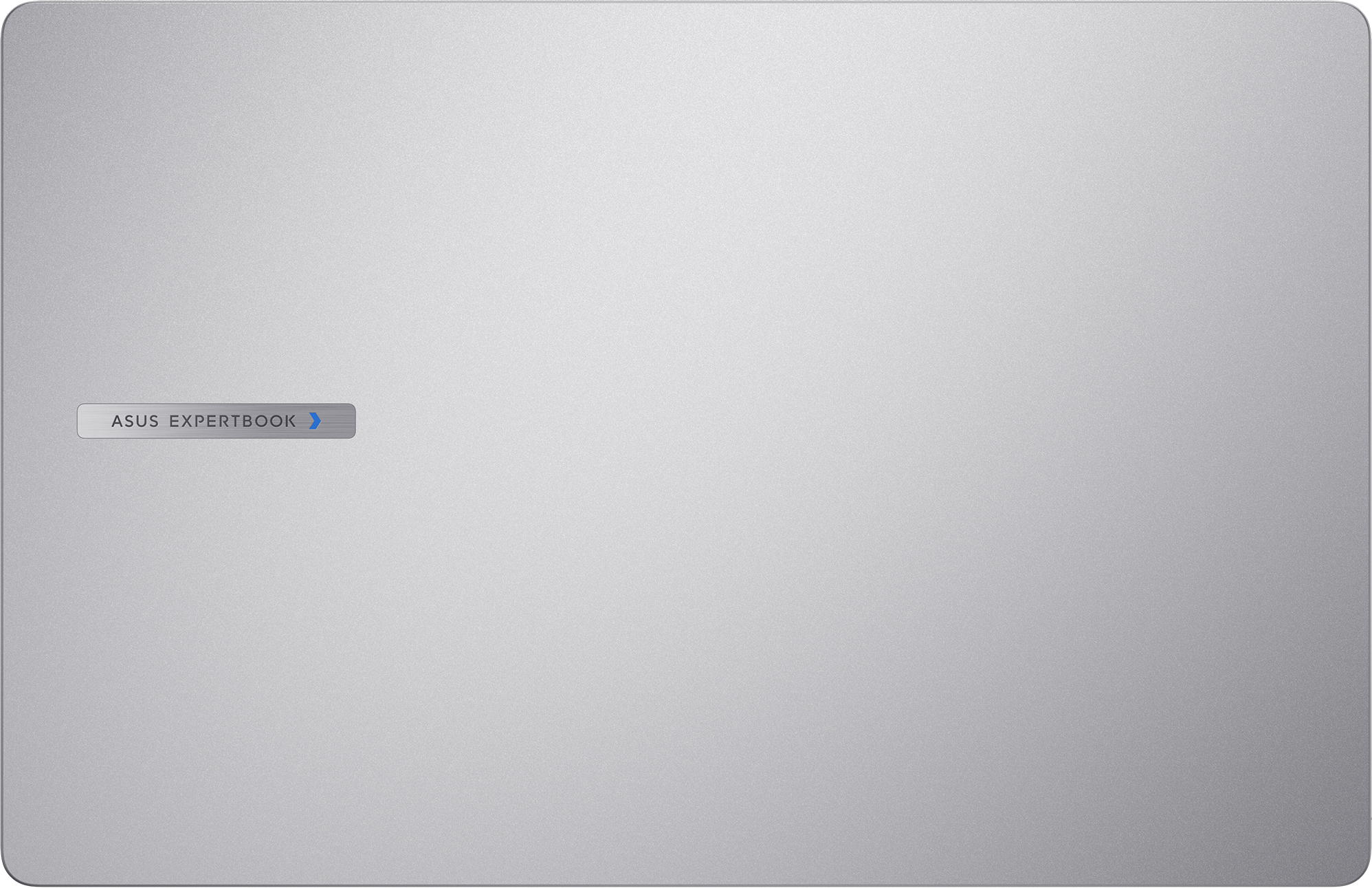 Silbernes Asus Expertbook-Logo auf einem hellgrauen, strukturierten Hintergrund.