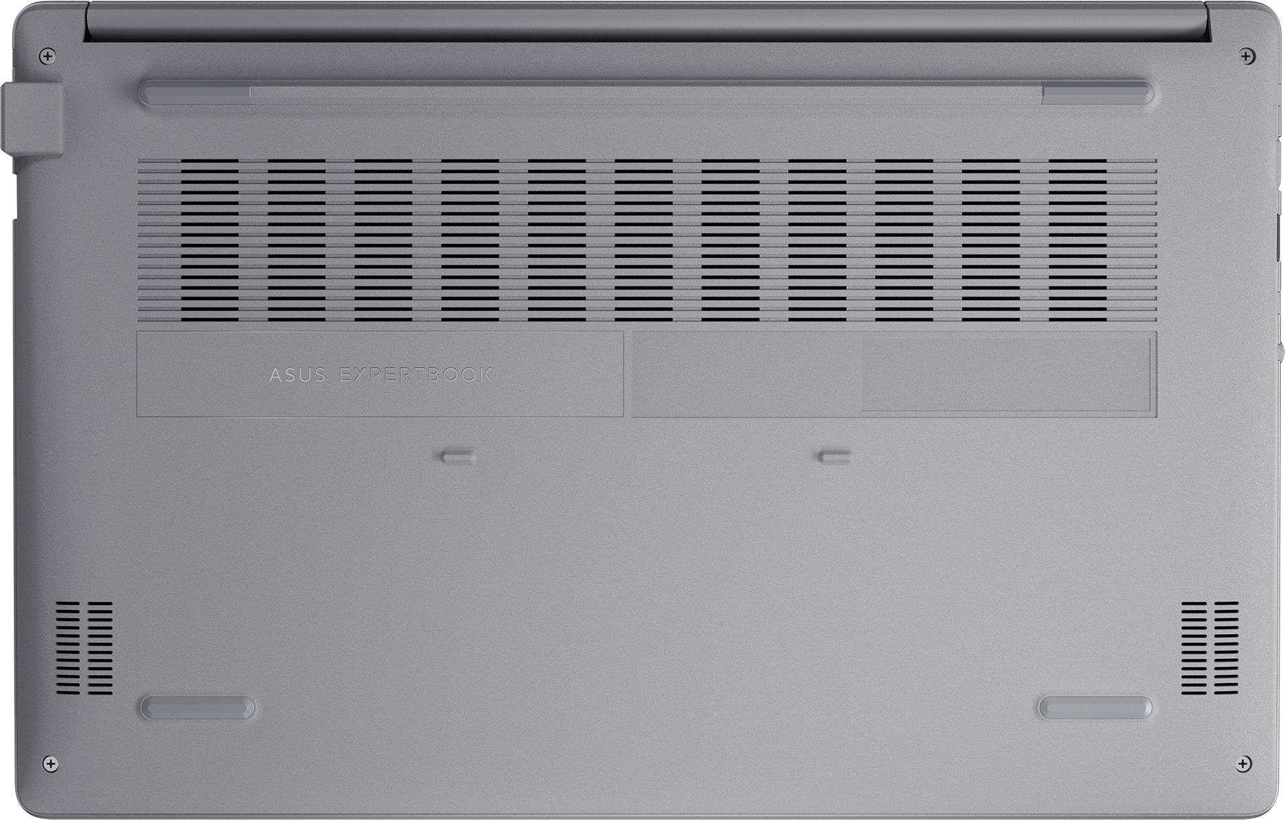 Unterseite eines silbernen Laptops mit Lüftungsschlitzen und ASUS EXPERTBOOK-Logo.